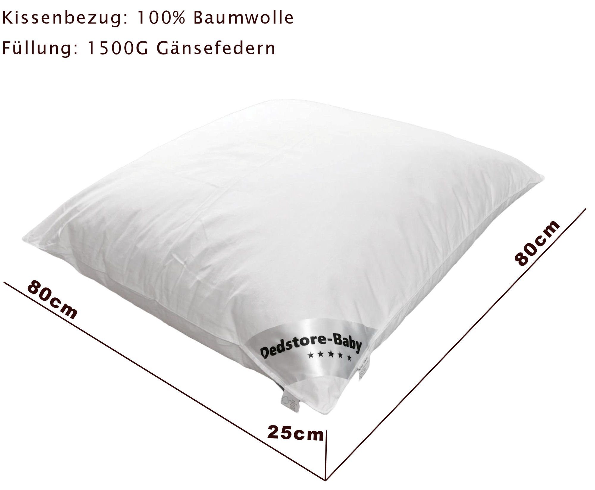 Federkopfkissen Kopfkissen 80x80 cm Gänsefedern Kissen Natur 1500g Allergiker, Dedstore-Baby, Füllung: 100% Gänsefeder, Rückenschläfer, Bauchschläfer, Seitenschläfer, 1-tlg., 60° Wäsche, Antimikrobiell, Atmungsaktiv, Beidseitig verwendbar