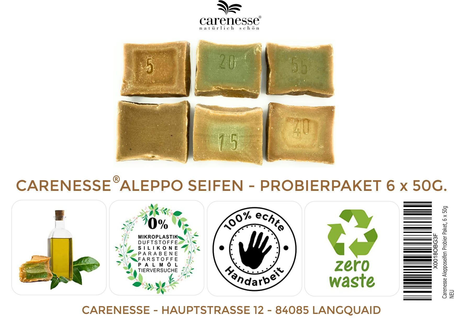 Carenesse Seifen-Set Original Aleppo Seifen Kennenlernpaket 6 x 50 g, für alle Hauttypen, Haarseife Alepposeife Olivenseife feste Seife handgemacht zero waste