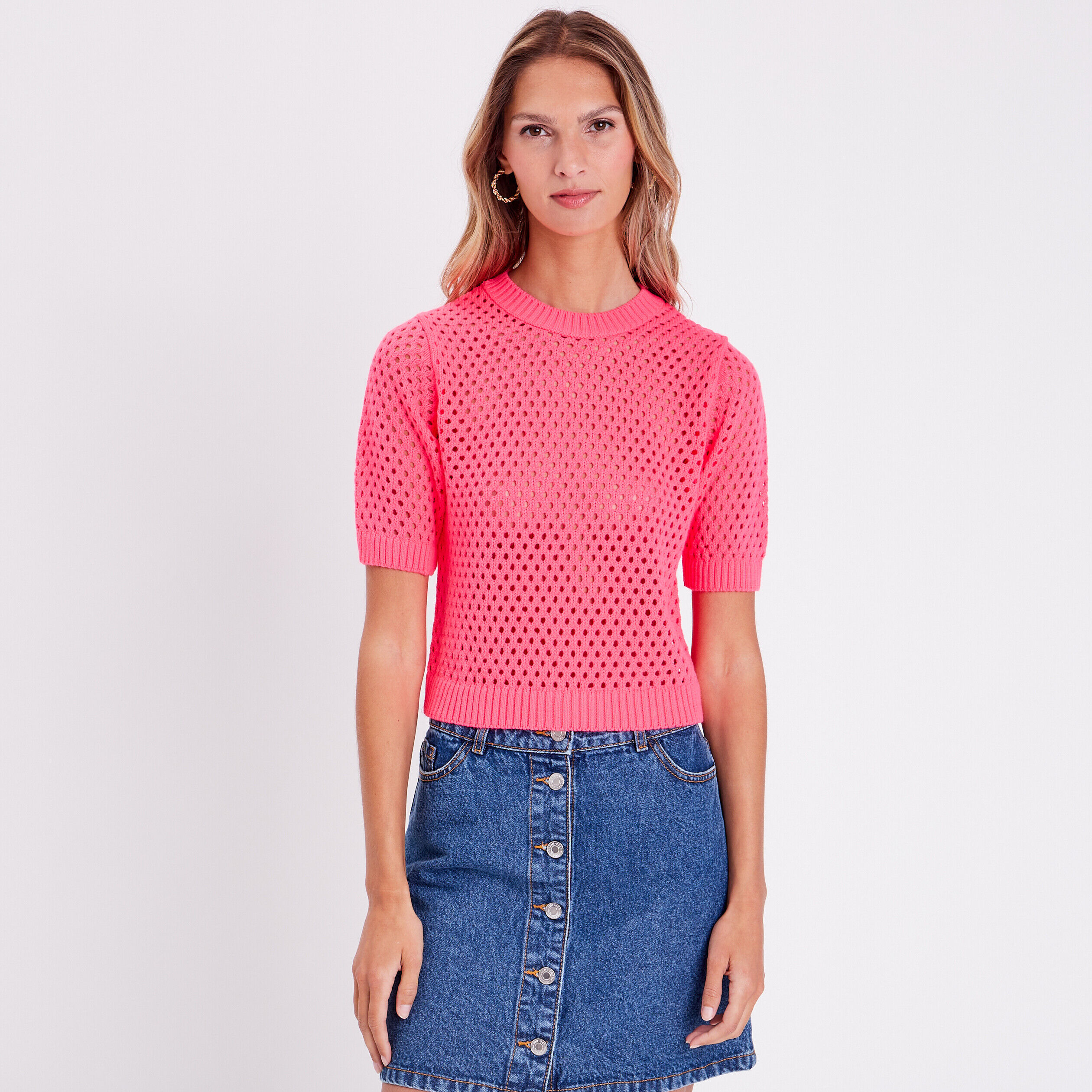 Pull manches courtes ajouré rose vif femme | Cache Cache
