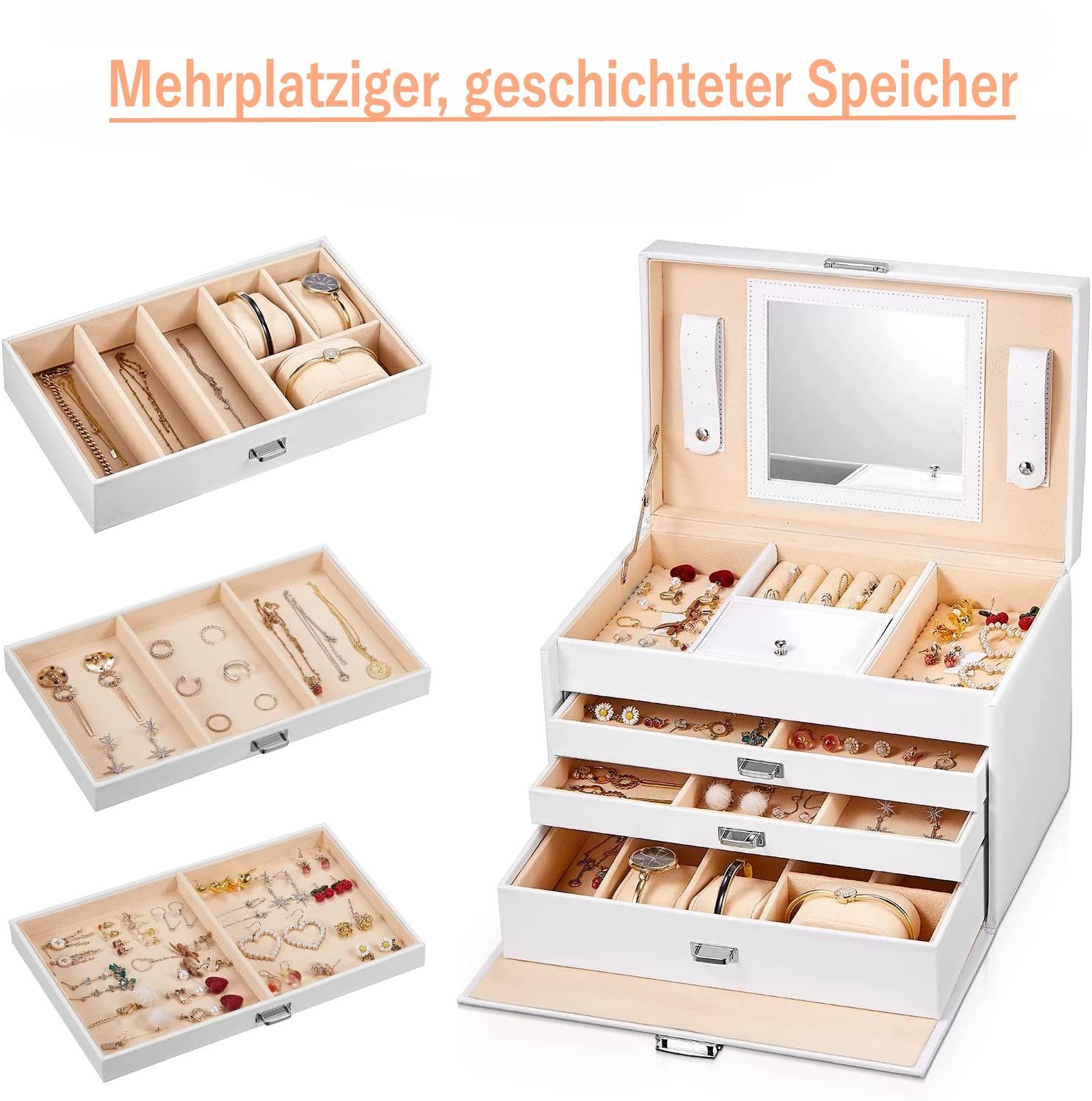 TLGREEN Schmuckkasten Schmuckkästchen Abschließbarer, Schmuckschatulle mit Spiegel, PU-Leder + Faserplatte + Samt, Schloss und Schlüssel, Ledergriff