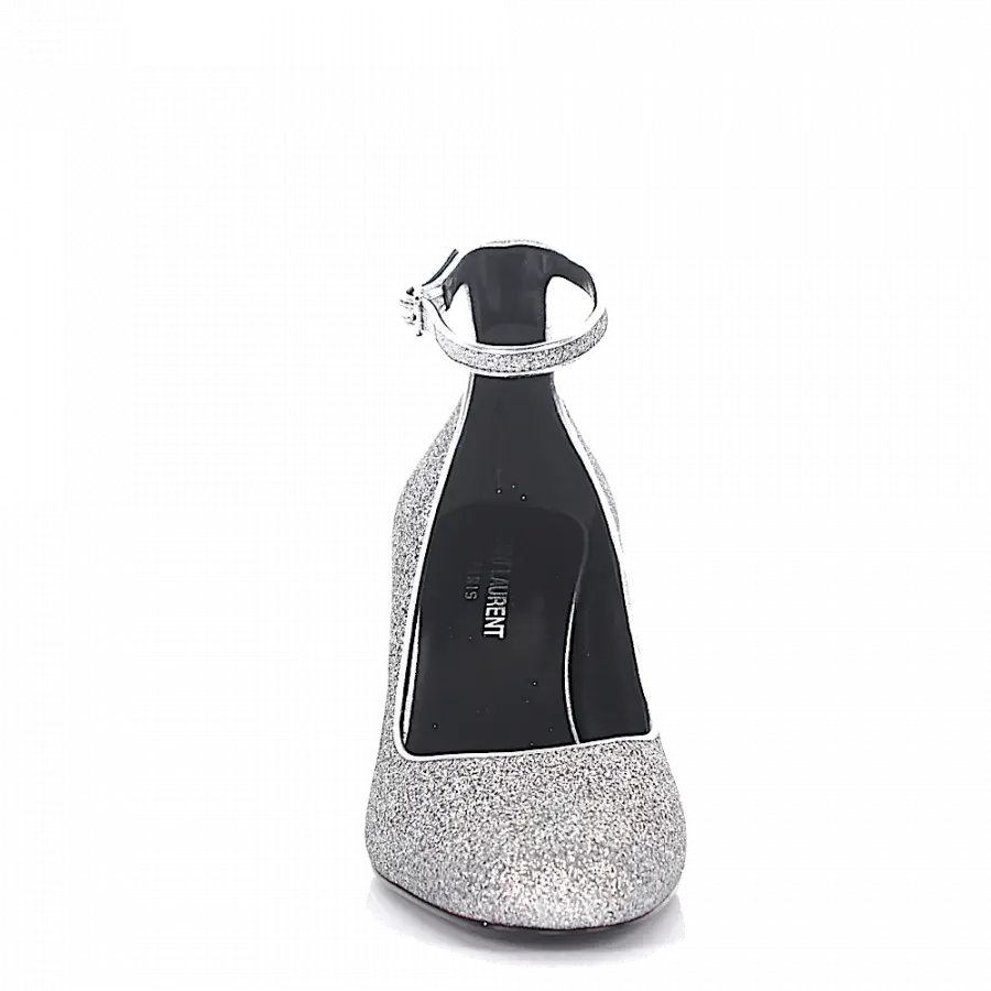 Saint Laurent - Pumps Kalbsleder Logo Glitzer silber - grau