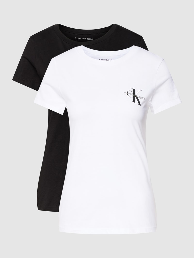 Slim Fit T-Shirt mit Label-Print im 2er-Pack in schwarz