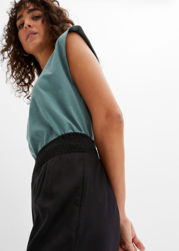 Weite Hose aus Viscose mit High-Waist-Smockbund, Crepegewebe