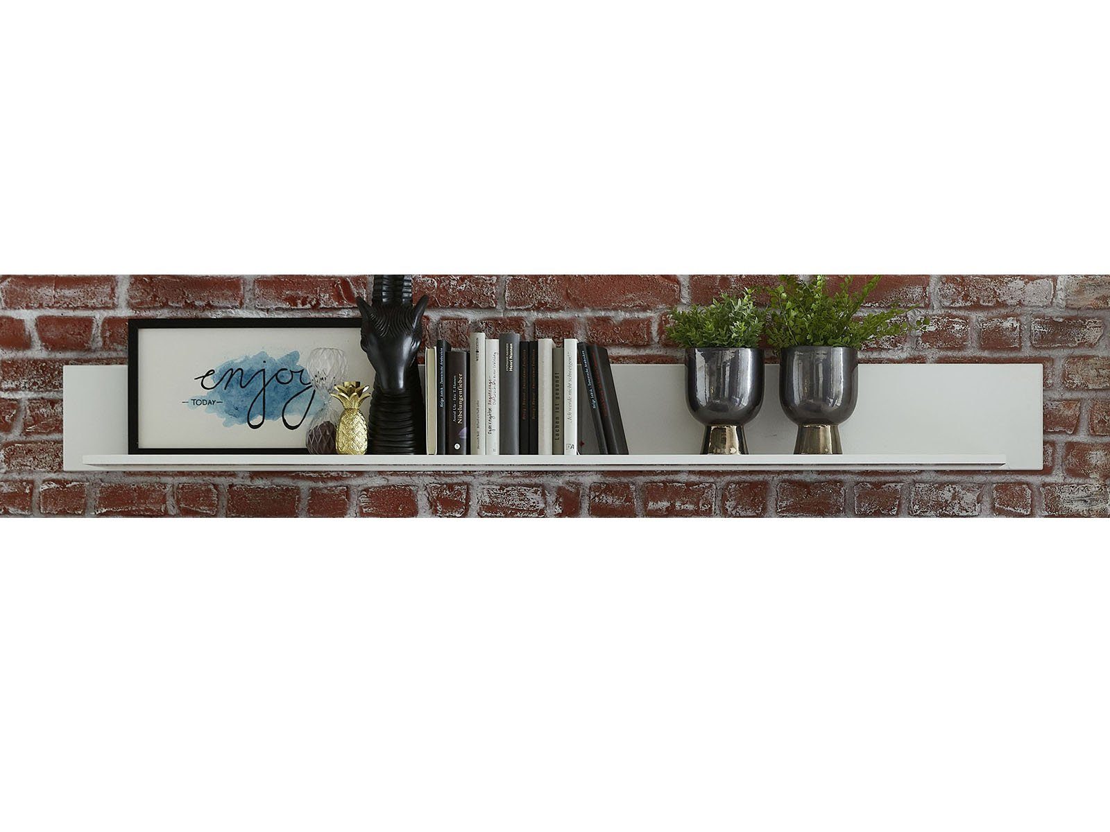möbelando Wohnwand Filmer, Moderne Wohnwand, Korpus aus Spanplatte in Weiß matt, Front aus MDF in Weiß Hochglanz, Absetzungen in Schwarz bestehend aus 1 Vitrine klein, 1 Vitrine groß, 1 TV-Unterteil und 1 Wandboard, inkl. LED-Beleuchtung. Stellmaß ca