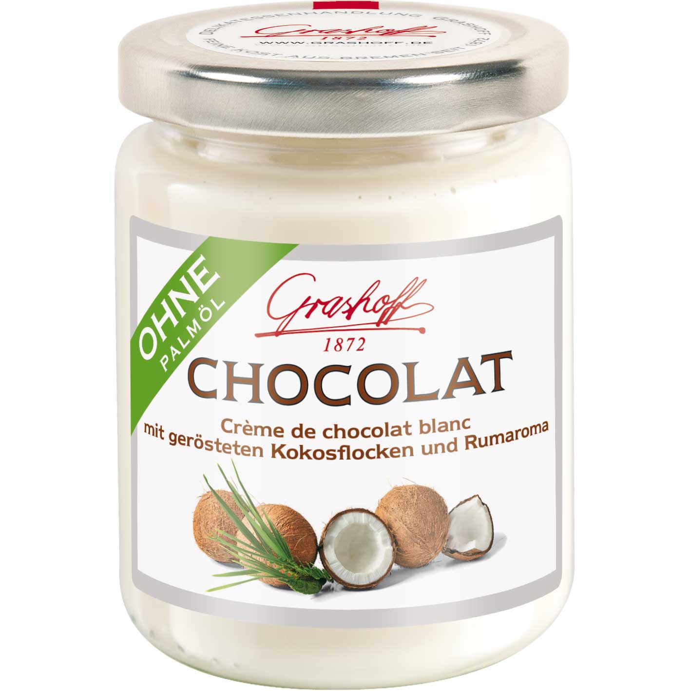 Grashoff Chocolat Crème de chocolat blanc mit Kokosflocken & Rumaroma 235g