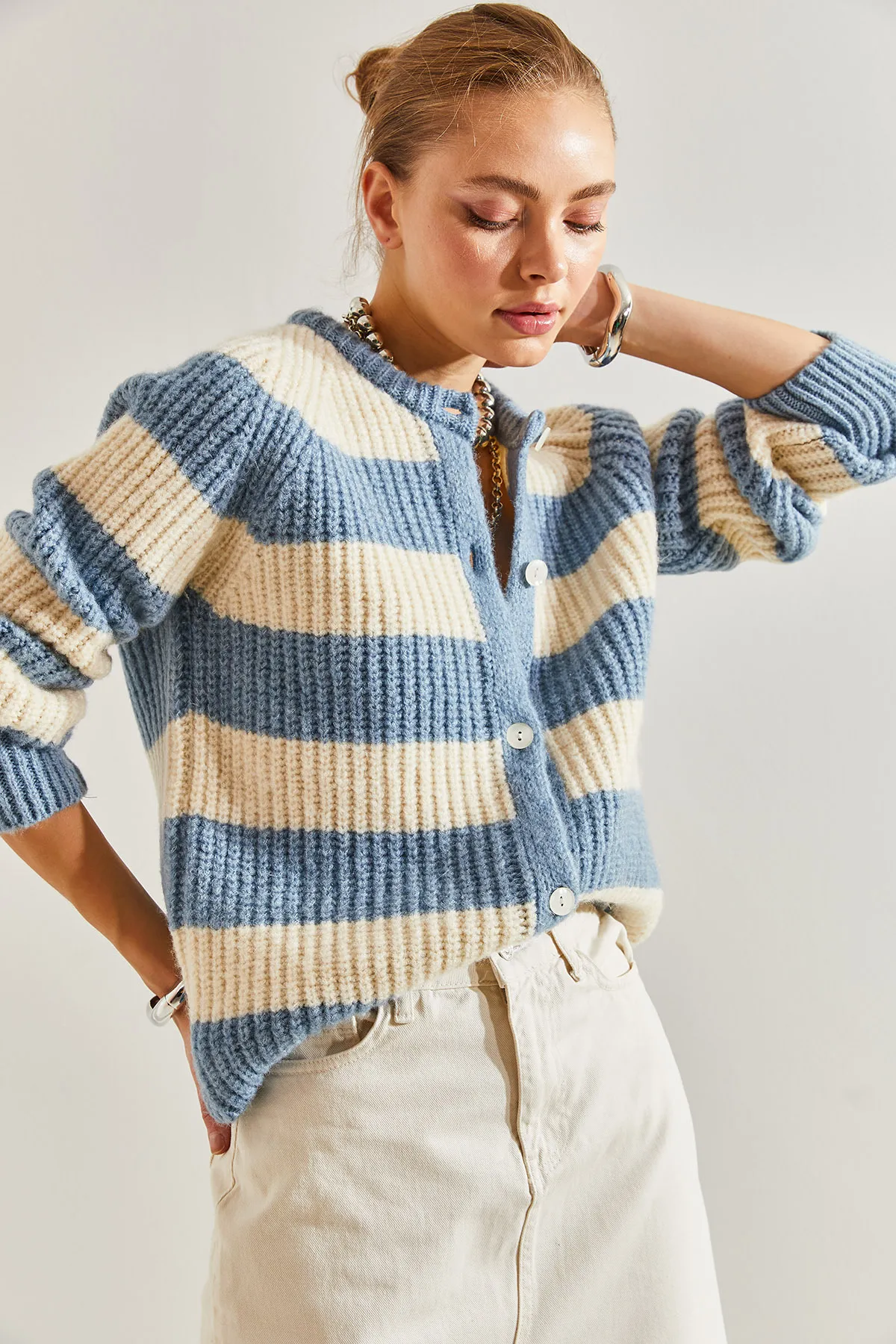 Bianco Lucci  Damen-Strickjacke mit Streifen und Knöpfen