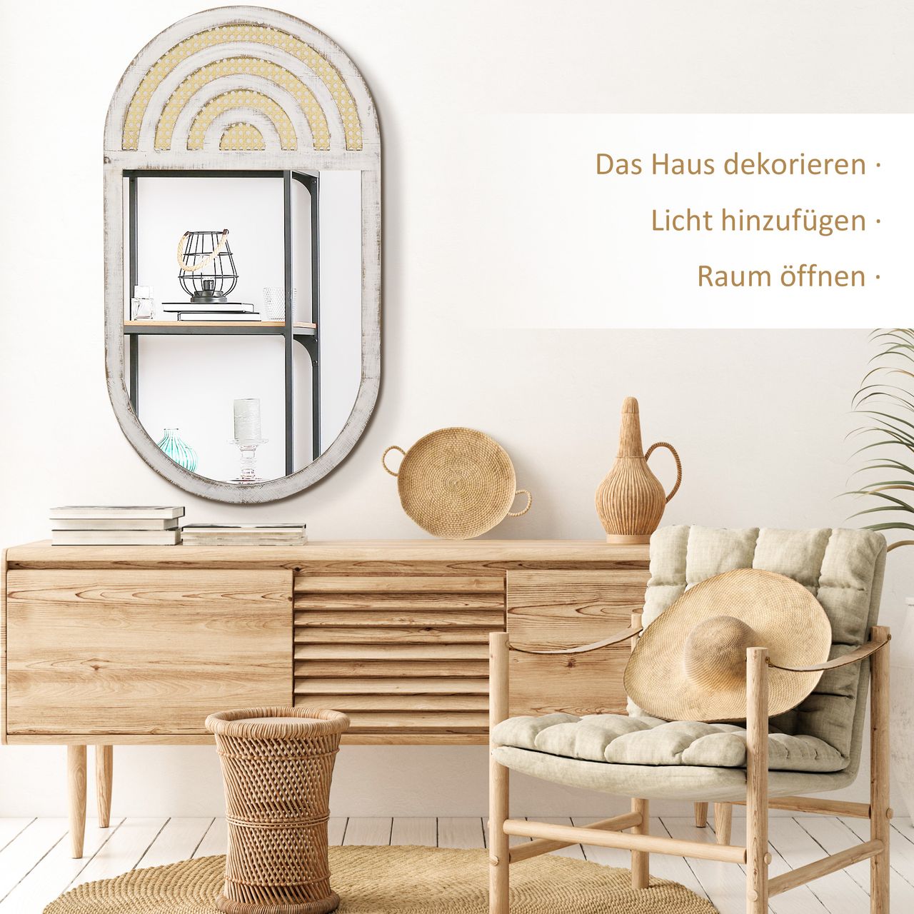 HOMCOM Wandspiegel, Wohnzimmerspiegel, 50 x 90 cm Flurspiegel mit Rattenoptik