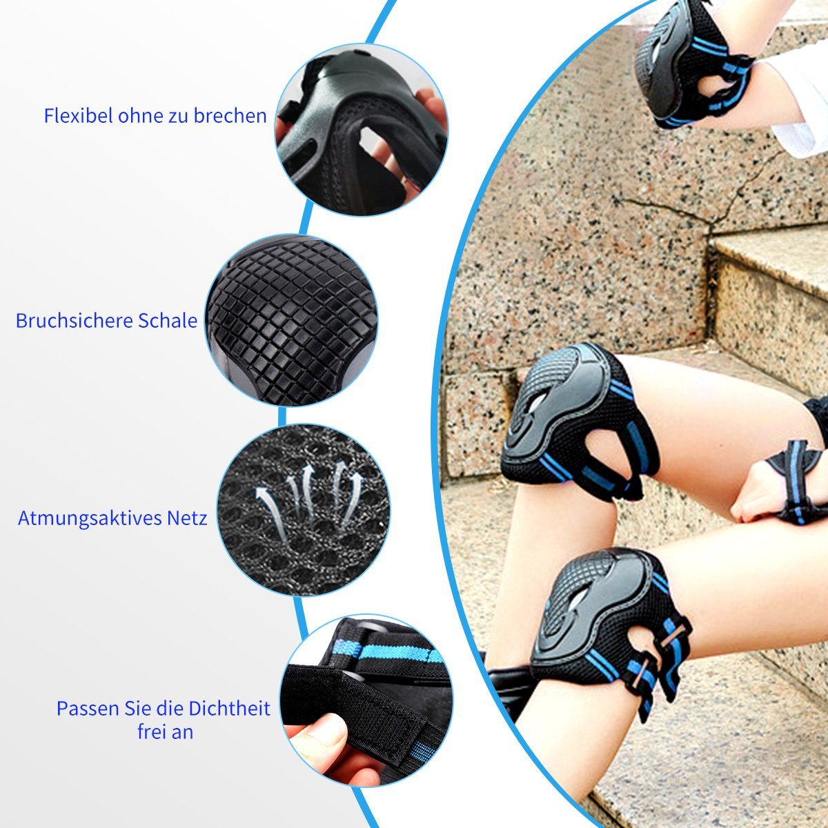 7Magic Protektoren-Set S/M/L 6 in 1 Profi Knieschützer (Verstellbar Knieschoner Ellenbogenschützer), für Outdoor Sport, Inliner Skaten, Roller, Skateboard