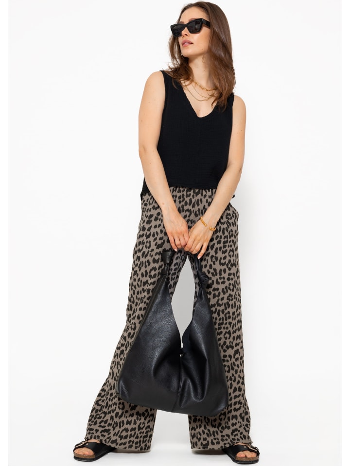 SASSYCLASSY Musselin Pants mit weitem Bein in Leo-Print in Taupe günstig kaufen
