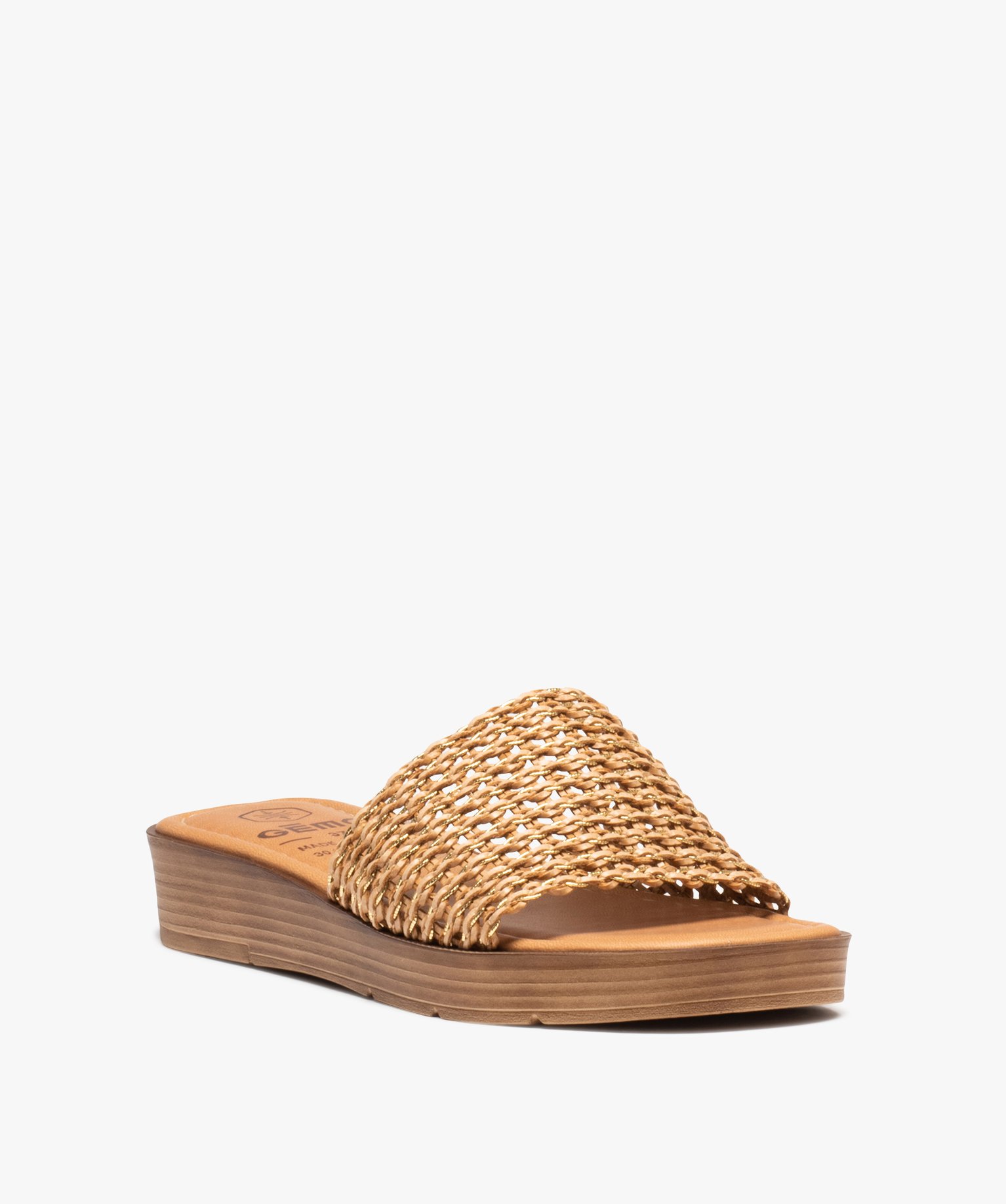 Mules femme à talon plat avec bandeau tressé irisé camel | GEMO