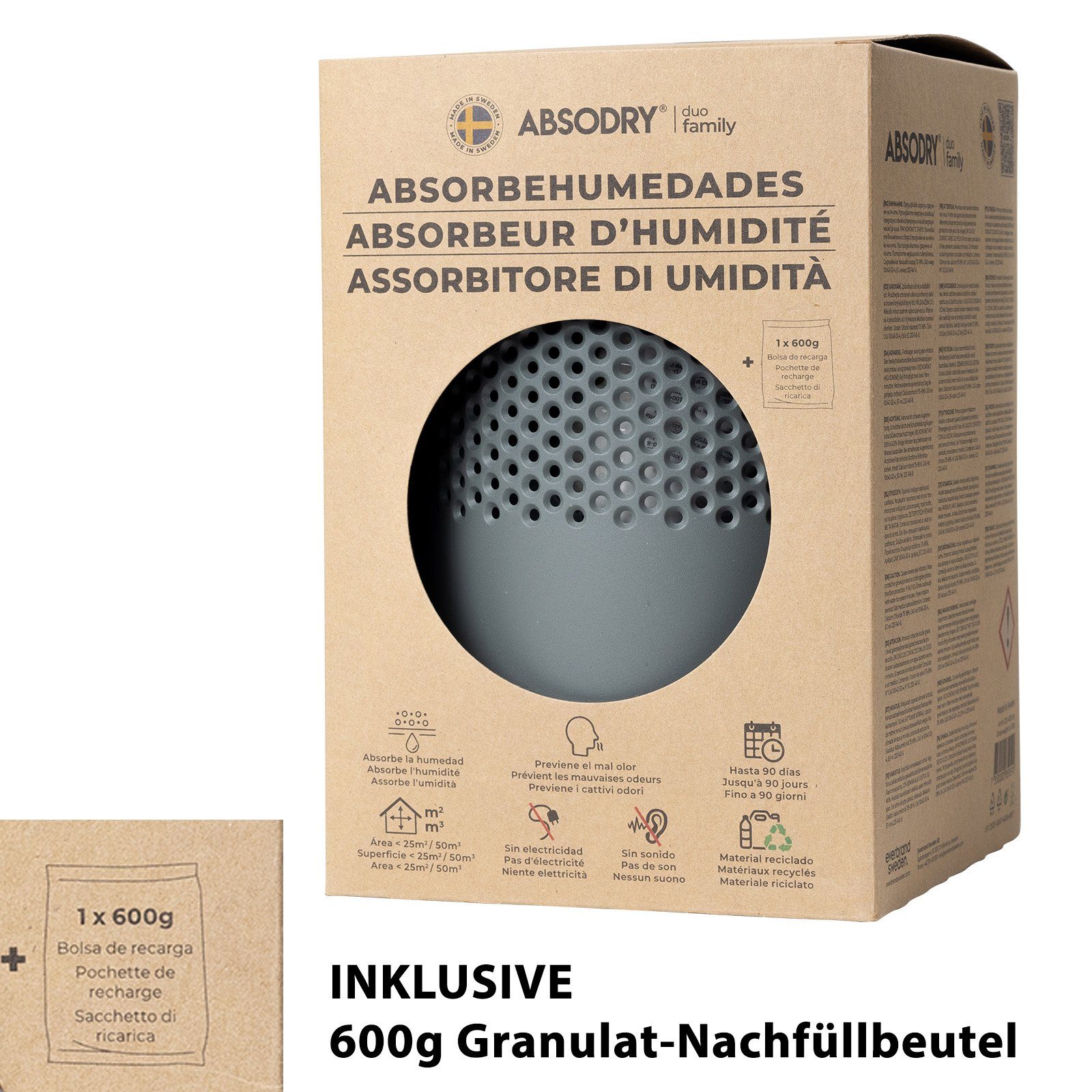 BlueCraft Luftentfeuchter-Nachfüllpack Absodry duo Family Schlafzimmer Wohnung Nachfüller, Inkl. 0,6 kg Granulat Vliesbeutel, gegen Schimmel, Entfeuchter Granulat Box Raumenfeuchter