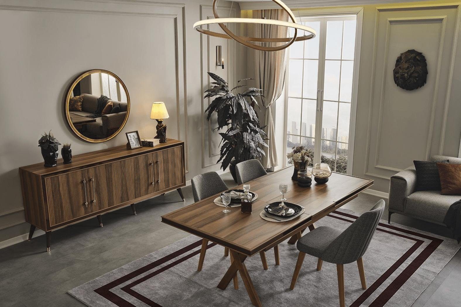 JVmoebel Esszimmer-Set Braunes Esszimmer Set Designer Esszimmergarnitur Esstisch Stühle, (9-St., Esstisch, 6x Stühle, Sideboard, Spiegel), Made in Europa