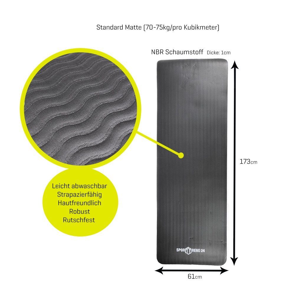 Sporttrend 24 Fitnessmatte Standard (173 x 61 x 1,0 cm), Fitnessmatte Yogamatte Gymnastikmatte Gummimatte Bodenmatte Bodenschutzmatte Trainingsmatte Turnmatte Unterlegmatte Übungsmatte