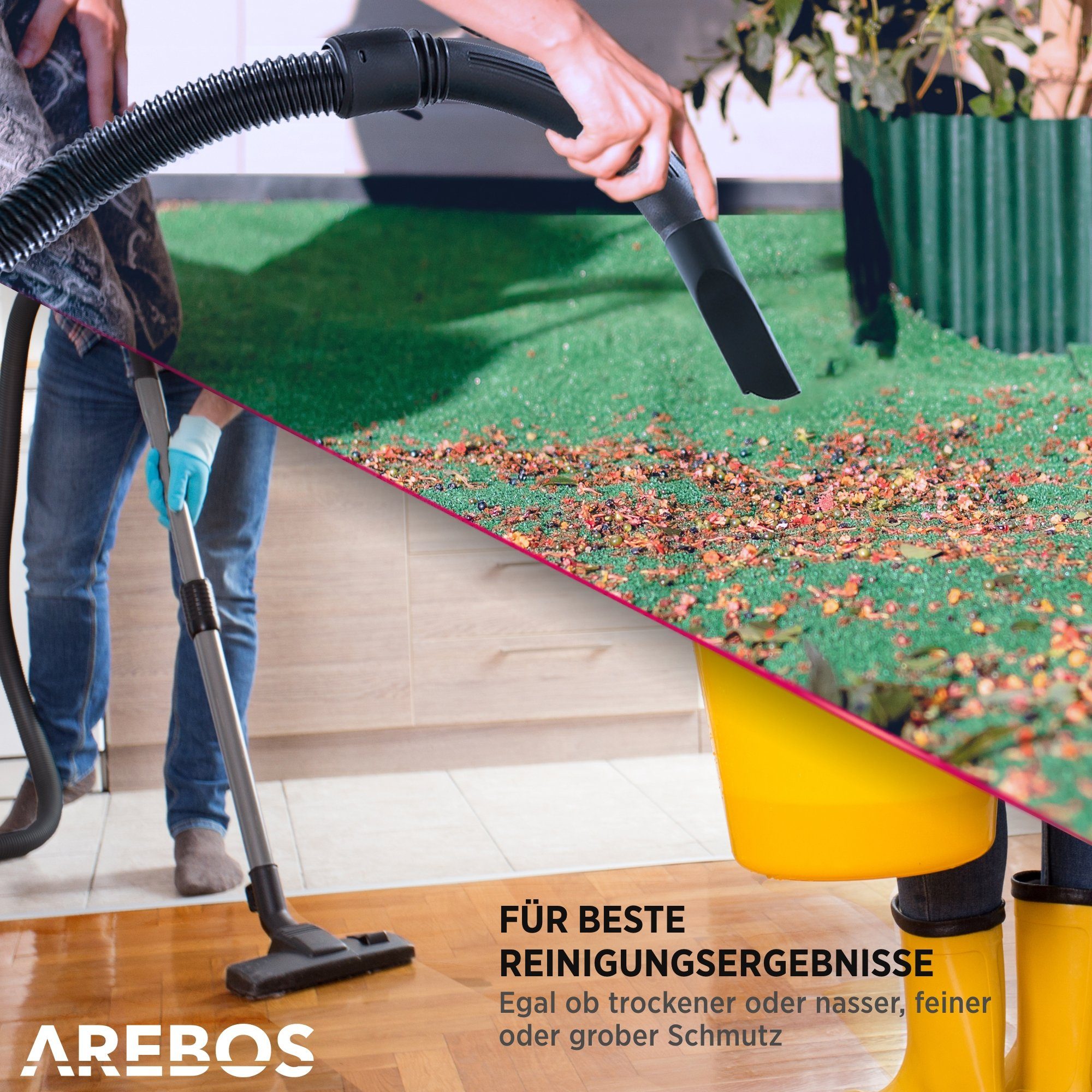 Arebos Industriesauger 1600W, Nass- & Trockensauger, Aschesauger für Kamin & Grill, 2600,00 W, mit und ohne Beutel nutzbar