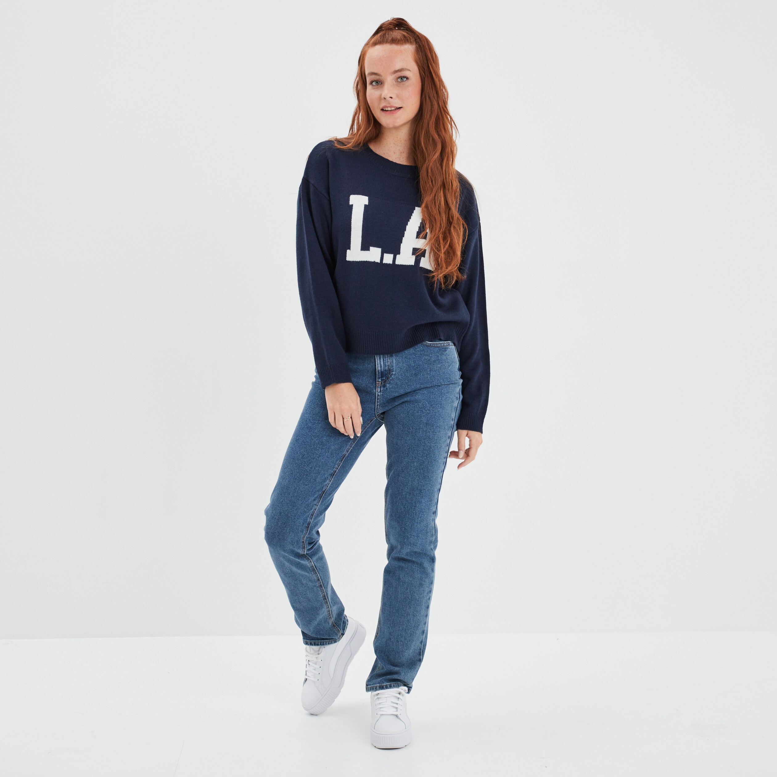Pull col rond manches longues Creeks bleu marine femme | La Halle