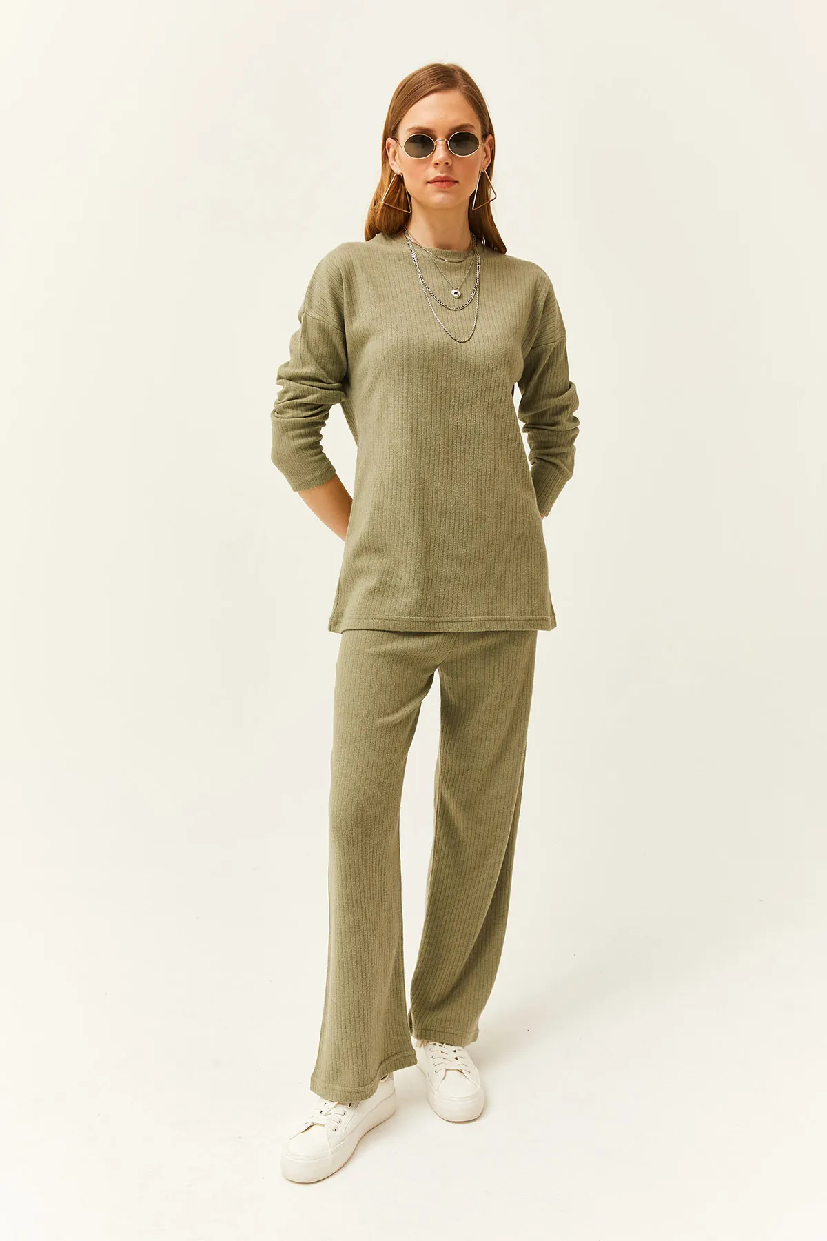 Olalook  Damen Hellkhaki Unterteil Oberteil Gerippt Dicker Anzug TKM-19000242