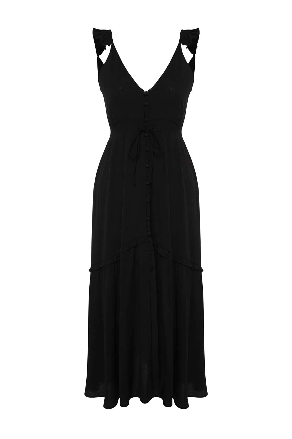 Trendyol Collection  Schwarzes Maxi-Strandkleid mit gewebten Rüschen TBESS24EL00092