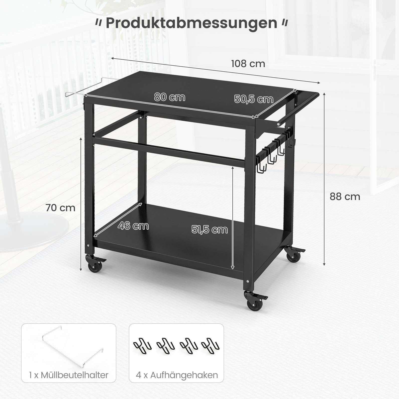 COSTWAY Grillablagetisch, mit 2 Ablagen, 4 Rollen & Haken, 108x50,5x88cm