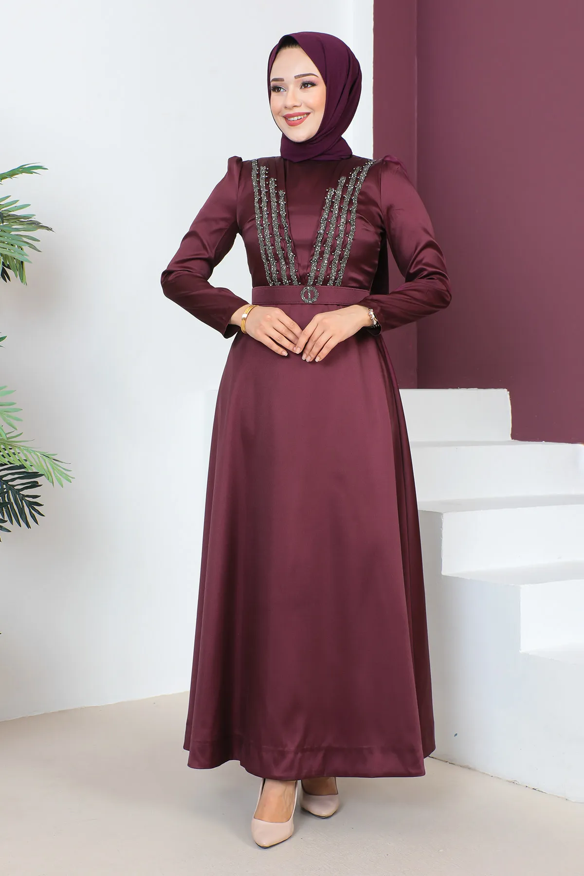 Tesettür Dünyası  Abendkleid mit Gürteldetail TSD230636 Pflaume