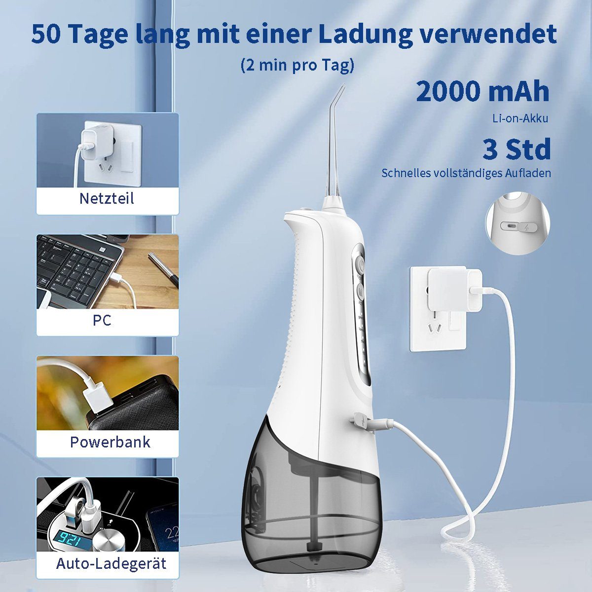 flowgoer Reise-Munddusche Kabellose Munddusche, 300 ml, 5 Modi, 7 Düsen für Tiefenreinigung, IPX7 wasserdicht, tragbar, praktisch für unterwegs und zu Hause, USB-C