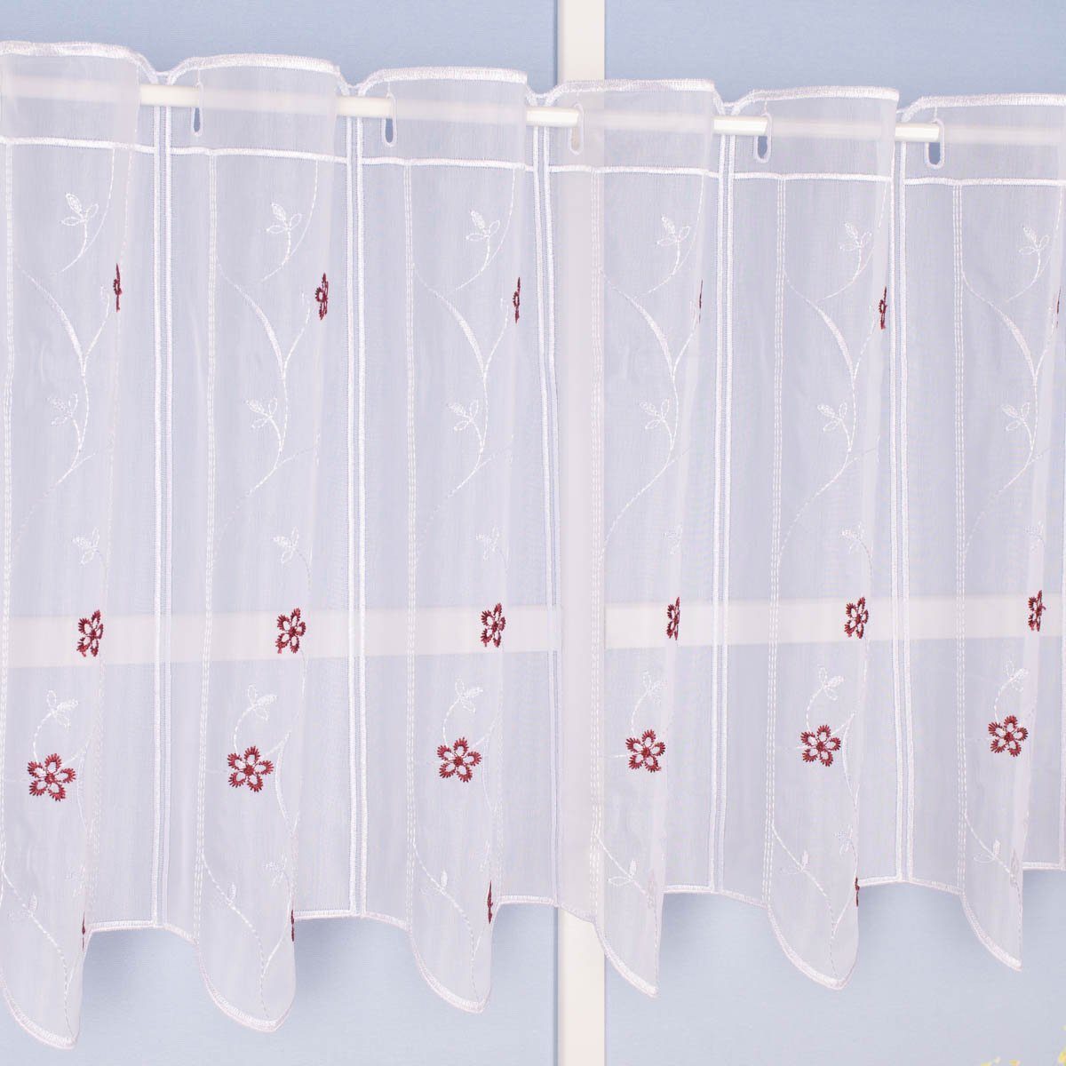 Meterware Scheibengardine nähfrei Stickerei Blüten weiß rot 45cm, SCHÖNER LEBEN., leicht perforiert, Stickerei/Stickstoff, bestickt, pflegeleicht