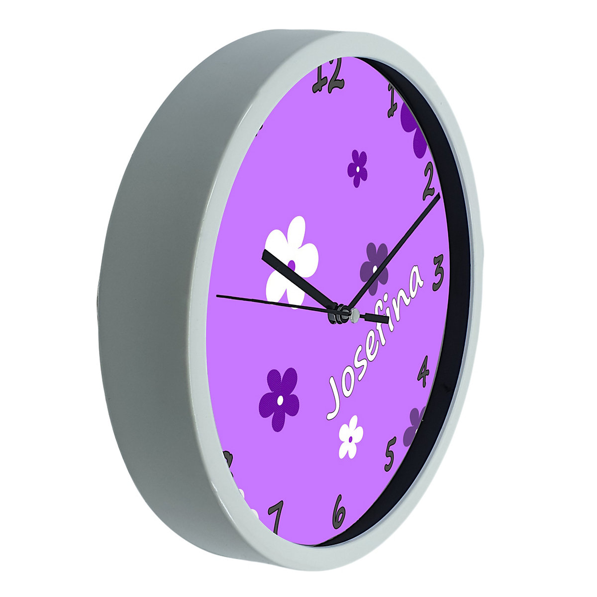 Kinder Wanduhr personalisiert mit Name Blumen Lila