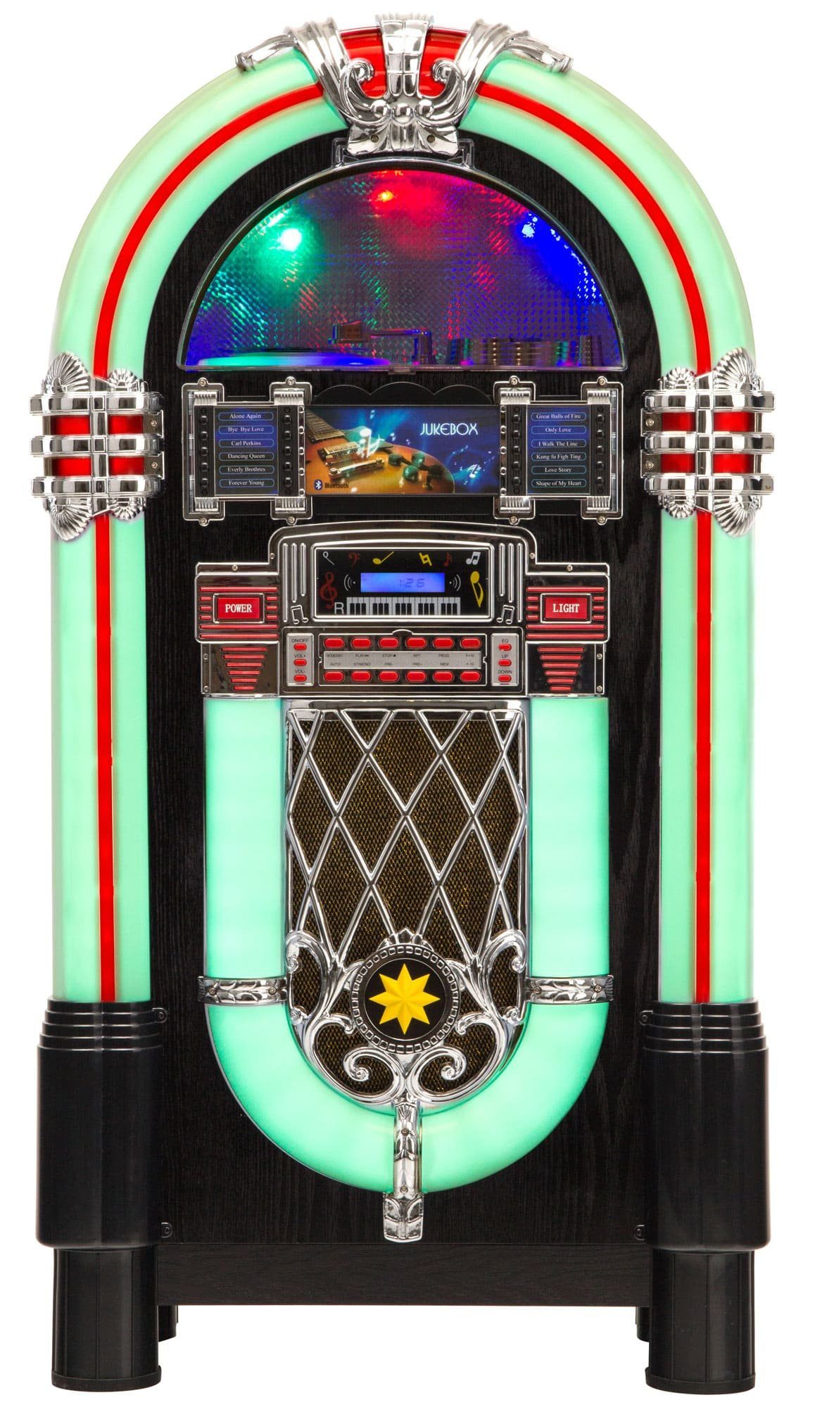 Beatfoxx Lacoon Golden Age Jukebox Set inkl. Untergestell Stereoanlage (UKW/MW-Radio, Retro Musikbox mit LED-Beleuchtung, CD-Player, Bluetooth, USB-SD, AUX)