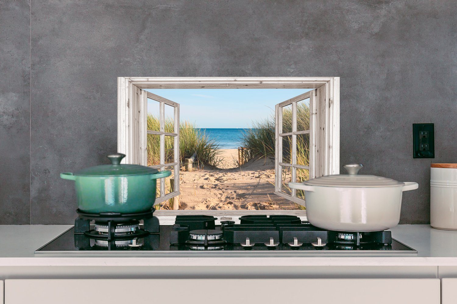 MuchoWow Küchenrückwand Durchblick - Strand - Meer - Dünen - Sand - Wasser - Hochgras, (1-tlg), 60x40 cm, Herdblende aus Wandschutz, Temperaturbeständig küchen