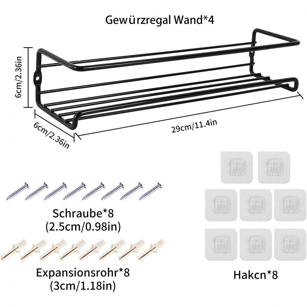 Bizaical Gewürzregal Gewürzregal Wand 4er Set,Hängend Küchenregal,Küche Gewürz Organizer, 4-tlg.