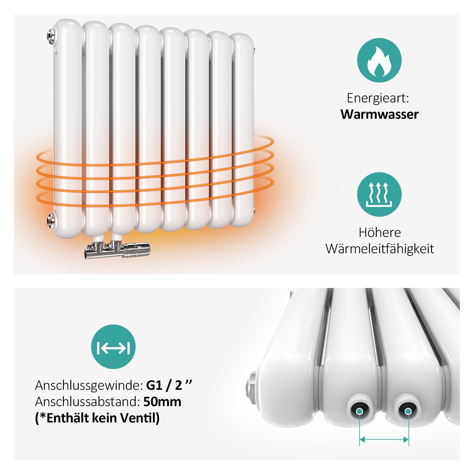 EMKE Heizkörper Heizkörper Röhrenheizkörper Design-Heizkörper Horizontal Weiß, Doppellagig Klein Heizung Seitenanschluss für Warmwasser Weiß