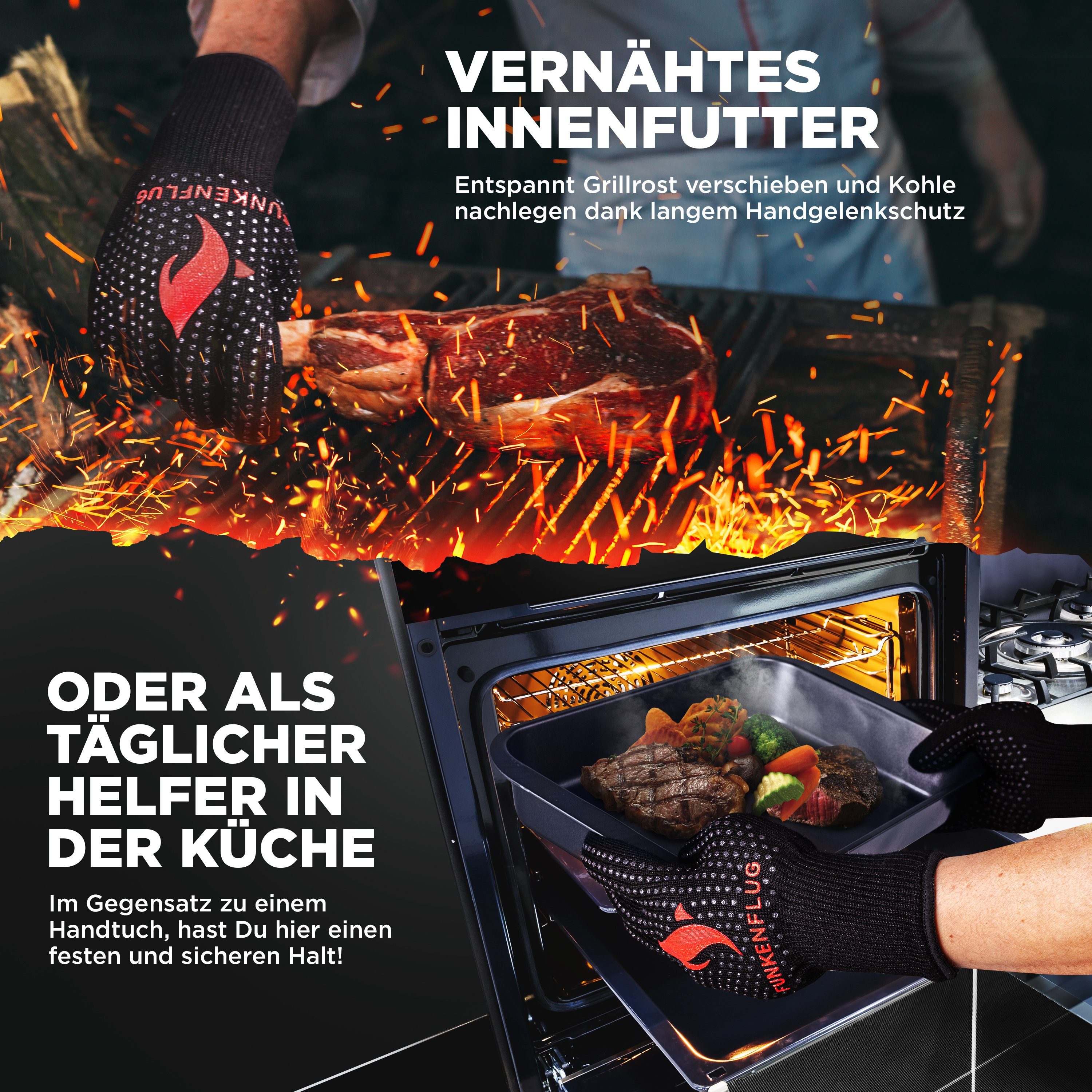 Funkenflug Grillhandschuhe Funkenflug® Premium Grillhandschuhe hitzebeständig, (3 bequeme Größen [Neu] - Lange feuerfeste Handschuhe für ein einzigartiges Grillerlebnis, 2-tlg., 1 Paar Grillhandschuhe + 2 Stück Dutch Oven E-Books), inkl. Geschenkverp