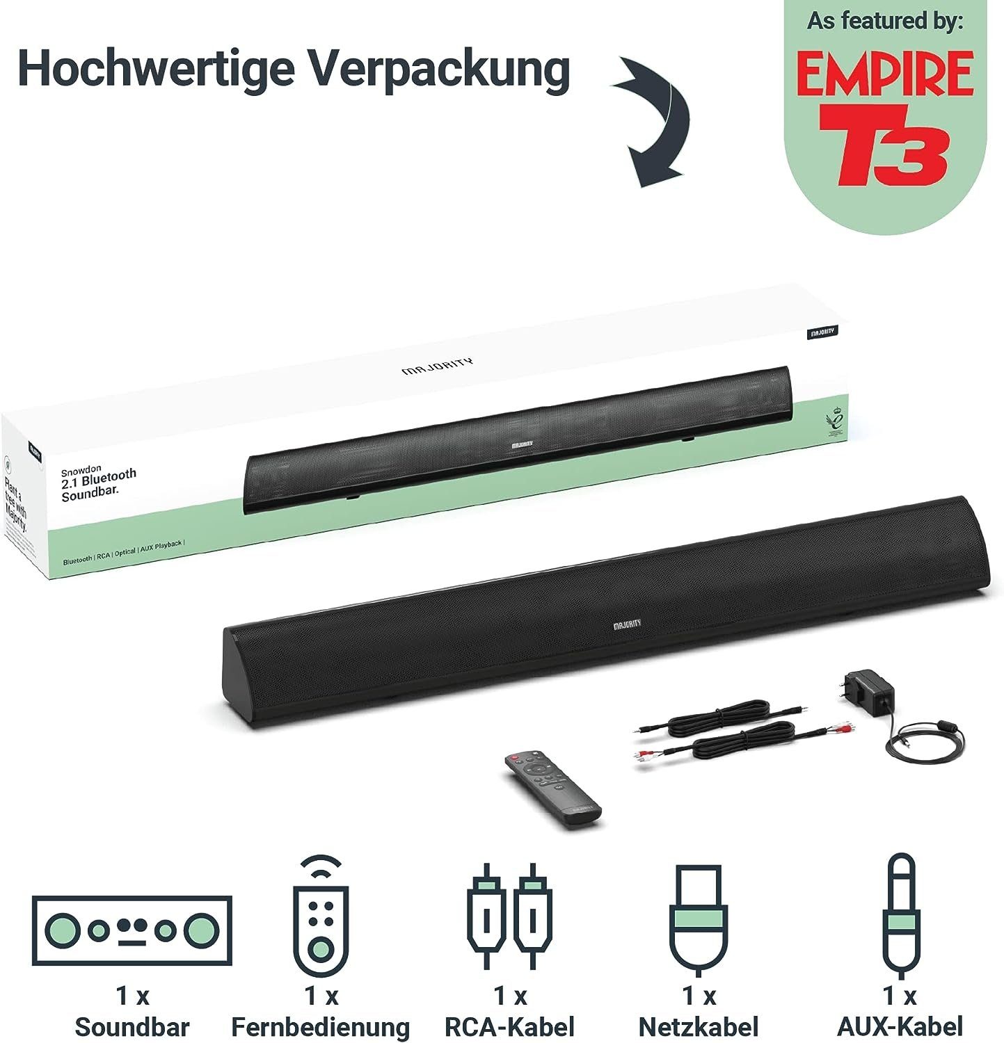 Majority Snowdon 2.1 Soundbar (Bluetooth, AUX, RCA, NFC, 120 W, Eingebauter Subwoofer, inkl. Fernbedienung und Batterien)