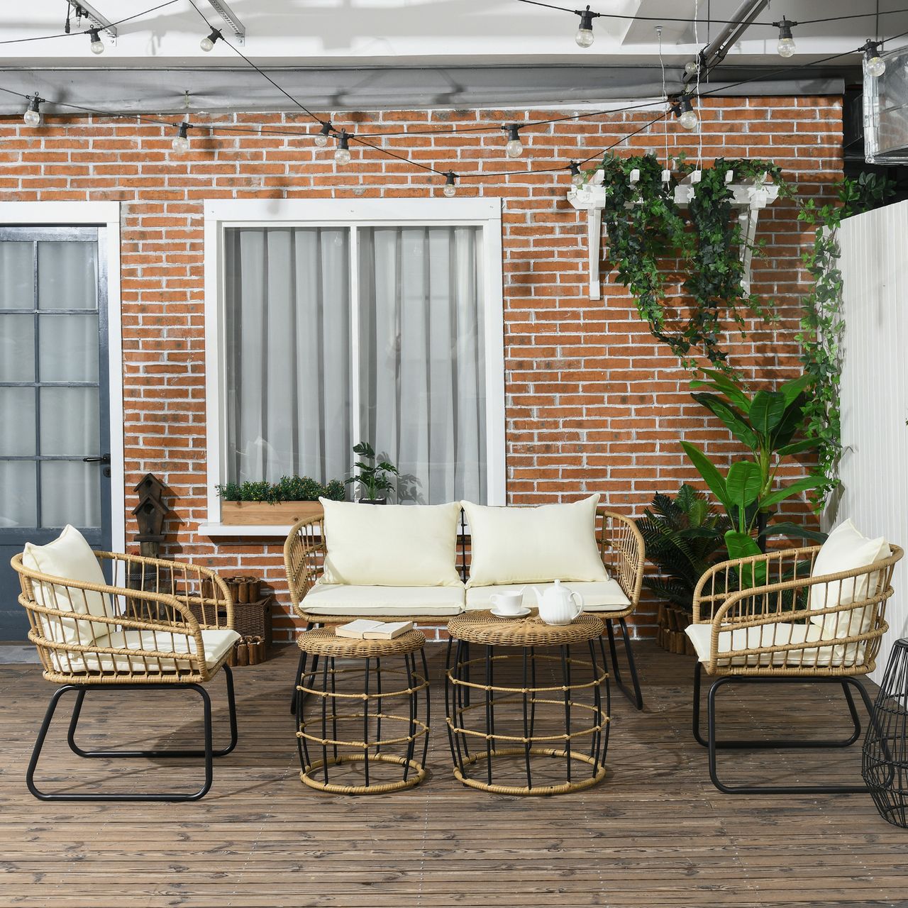 Outsunny 5 tlg. Rattan Gartenmöbel-Set, Gartengarnitur Sitzgruppe mit Kissen
