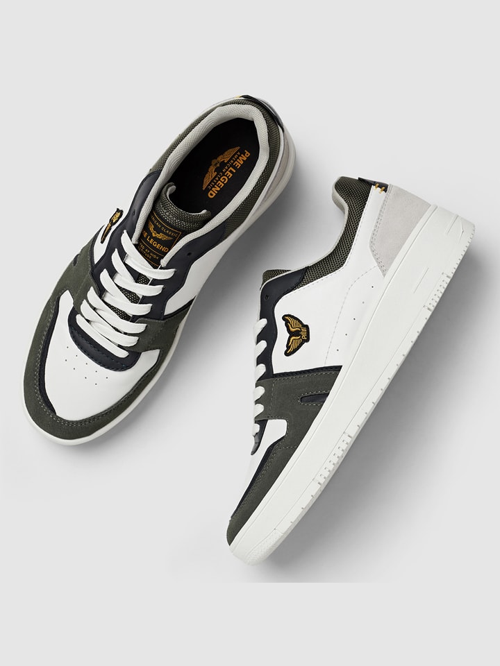 PME Legend Leder-Sneakers in Weiß/ Khaki günstig kaufen