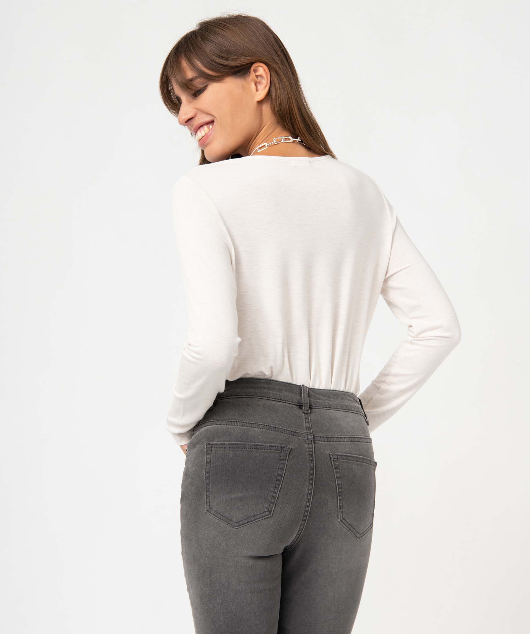 Tee-shirt femme à manches longues et col V en dentelle ecru | GEMO
