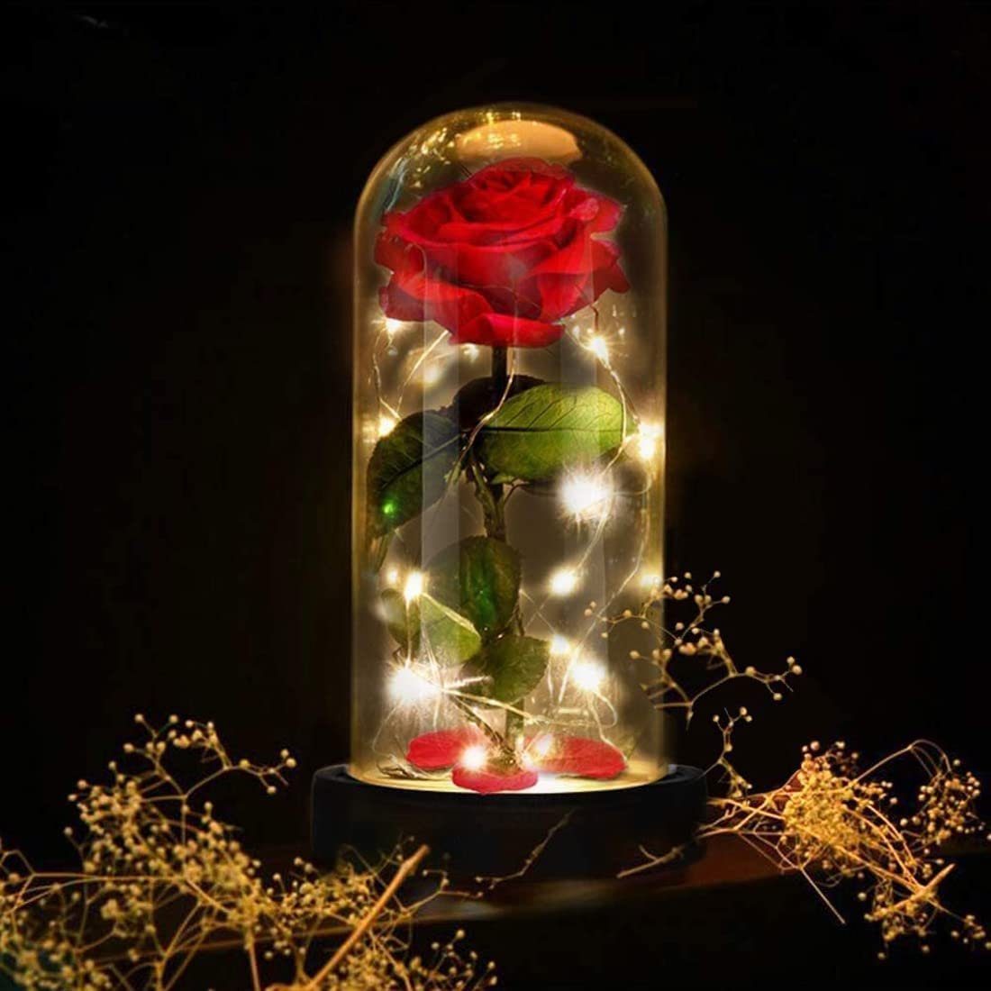 Kunstblume Ewige Rose im Glas mit Licht, AKKEE, Höhe 21.8 cm, Rosen Geschenke für Frauen für Valentinstag, Muttertag, Jahrestag