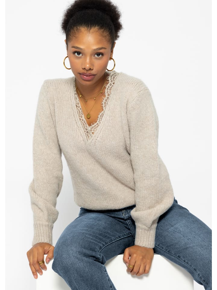 SASSYCLASSY Strickpullover mit Spitzendetail am Ausschnitt. in Beige günstig kaufen