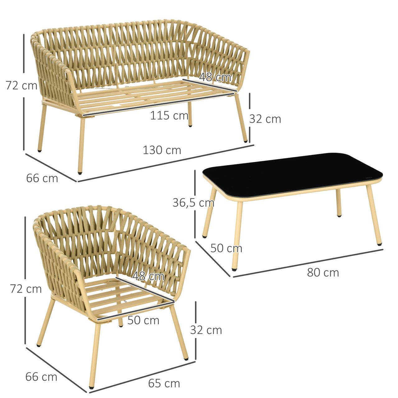 Outsunny 4 tlg. Gartenmöbel-Set mit 1 Couchtisch 2 Sesseln 1 Doppelsofa