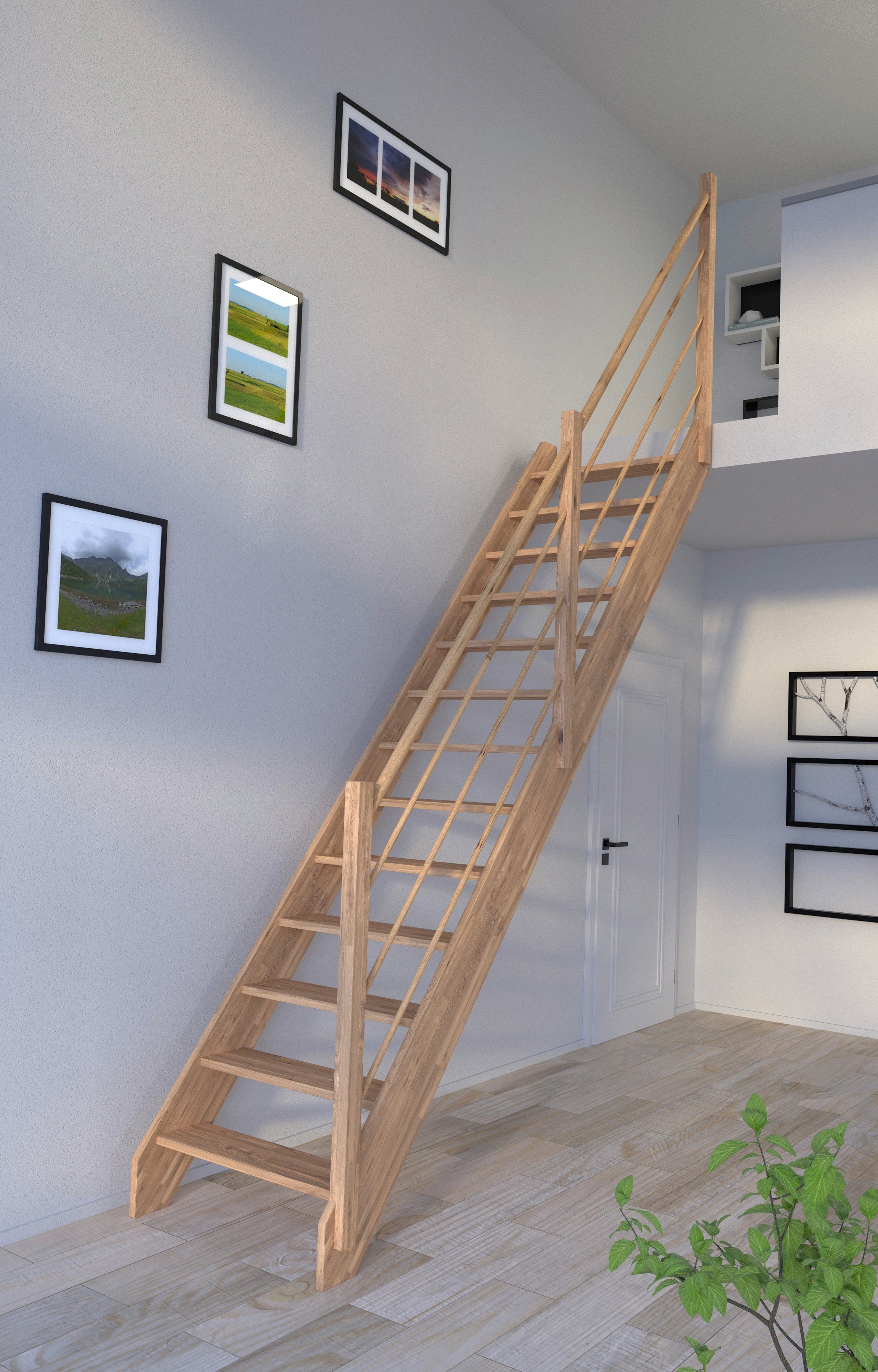 Starwood Raumspartreppe Massivholz Rhodos, Holz-Holz Design Geländer Rechts, für Geschosshöhen bis 300 cm, Stufen offen, Durchgehende Wangenteile
