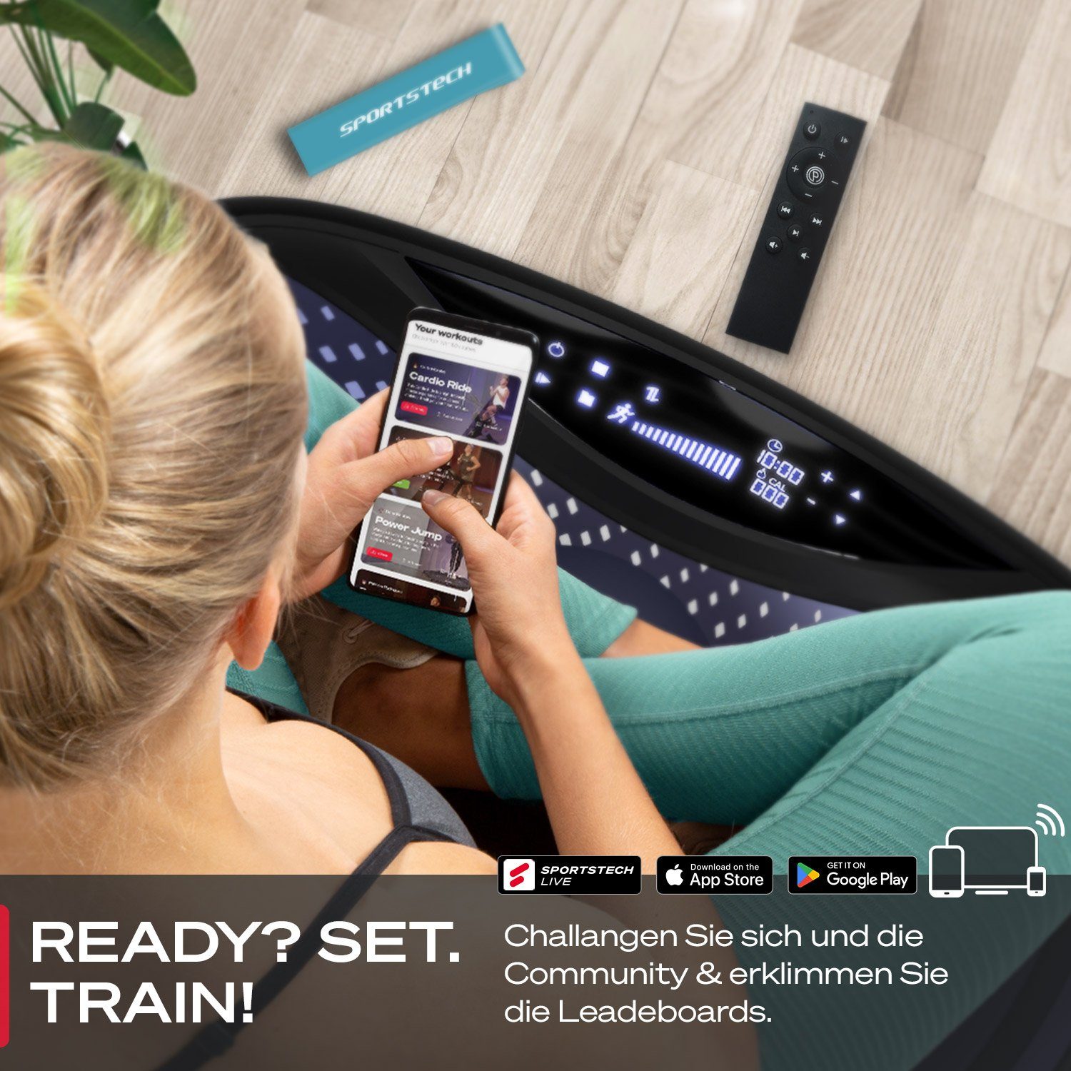 Sportstech Vibrationsplatte VP500, 60 Intensitätsstufen, Integr. Lautsprecher, Workout-Sitz, Transportrollen, Trolley-Funkt.