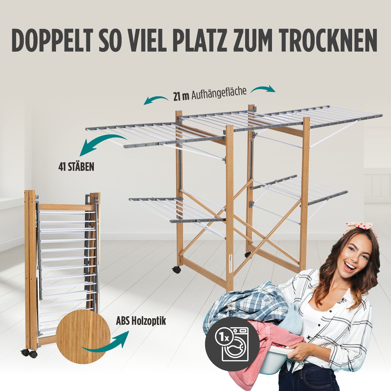 Vitapur Wäscheständer Wäscheständer Standtrockner im Holzoptik Mobile mit Rollen