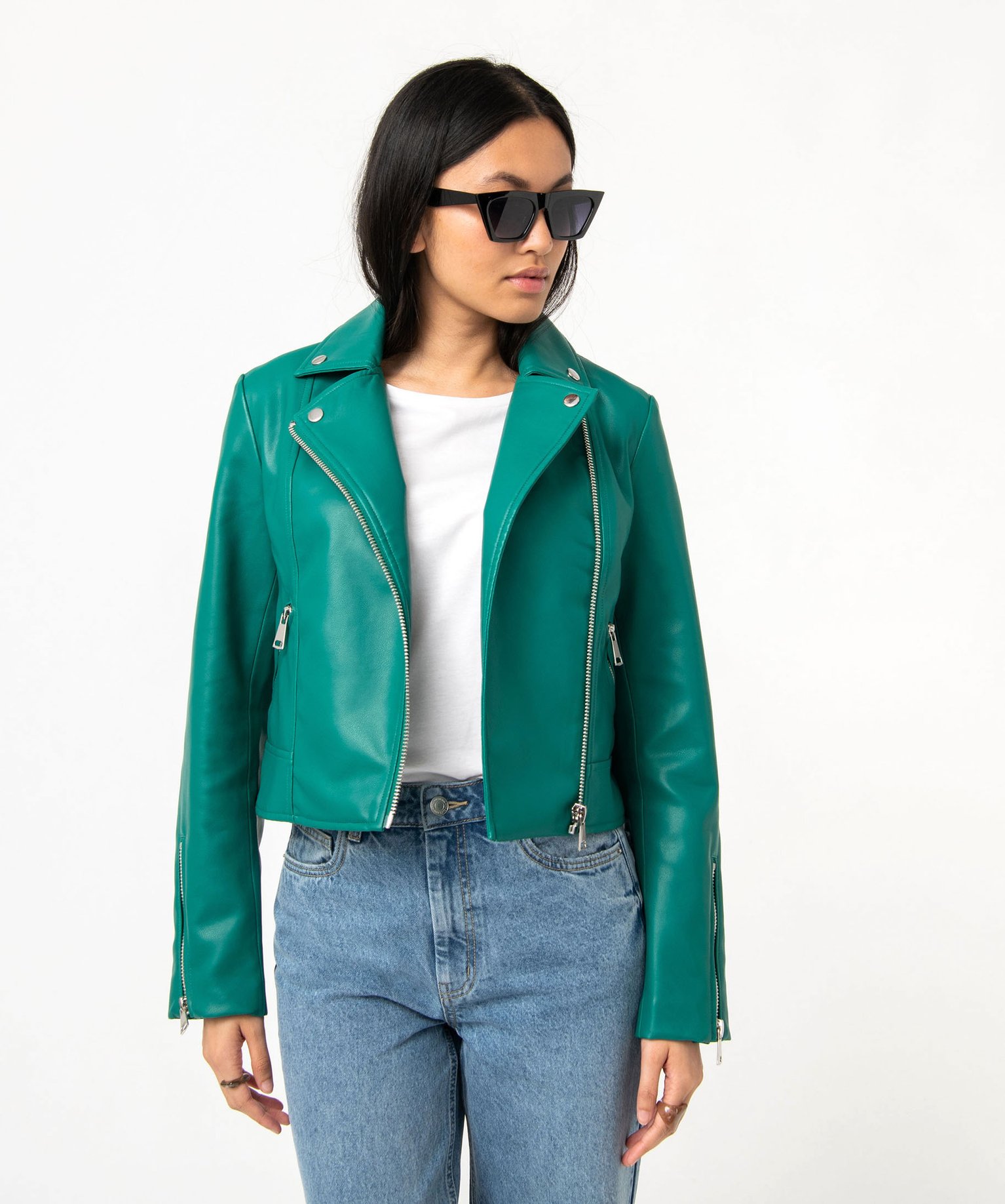 Blouson biker en synthétique imitation cuir femme vert | GEMO