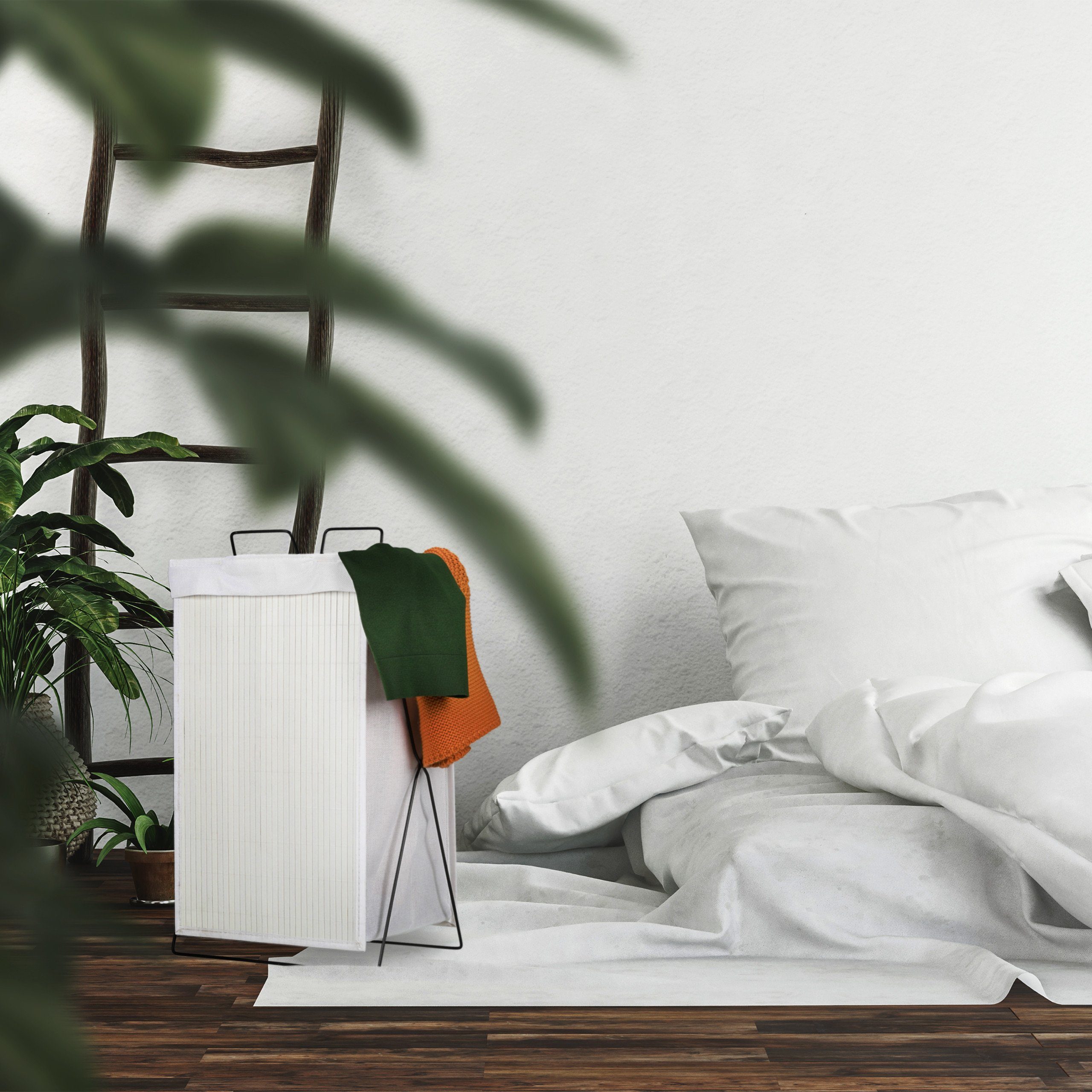relaxdays Wäschekorb Wäschekorb Bambus mit Gestell, Weiß