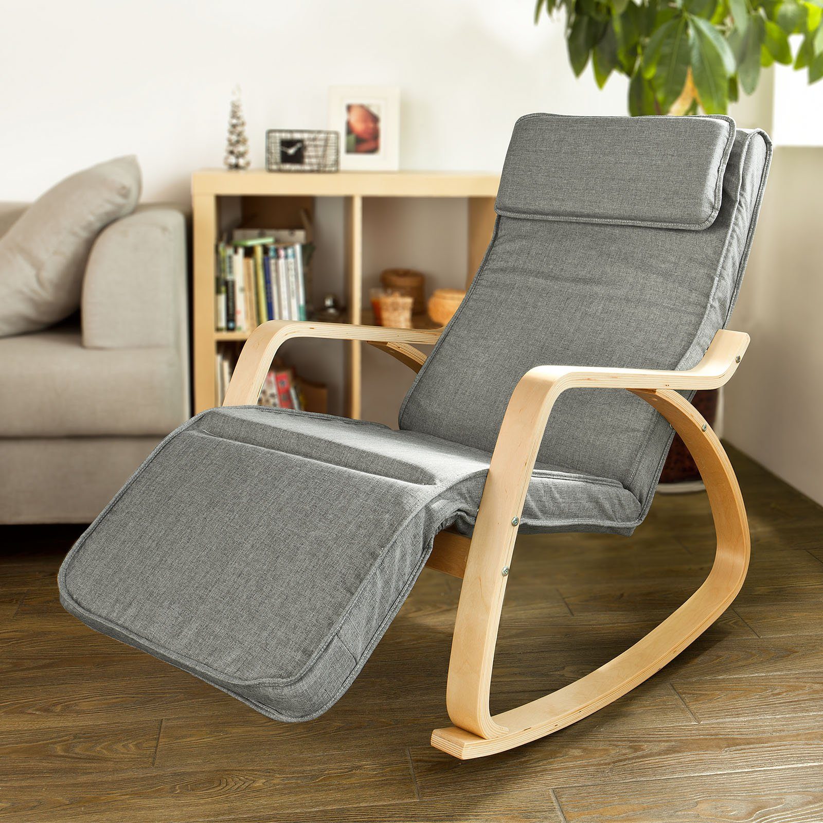 SoBuy Schaukelstuhl FST18, Schwingsessel Relaxsessel mit Tasche 5-Fach verstellbares Fußteil
