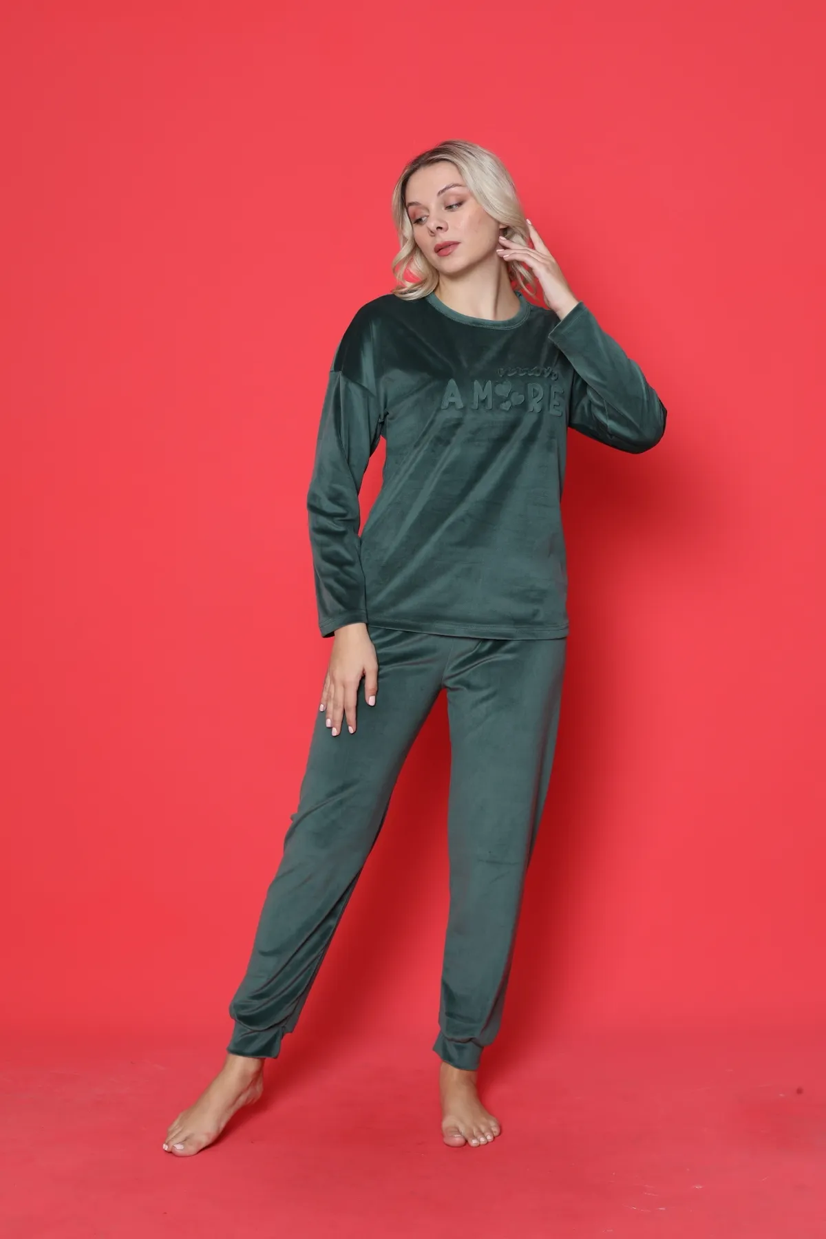 AHENGİM  Pyjama-Set für Jugendliche, französischer Samt, Amore, bedruckt, mit Spatenmanschette, Winter, saisonal, W20432250