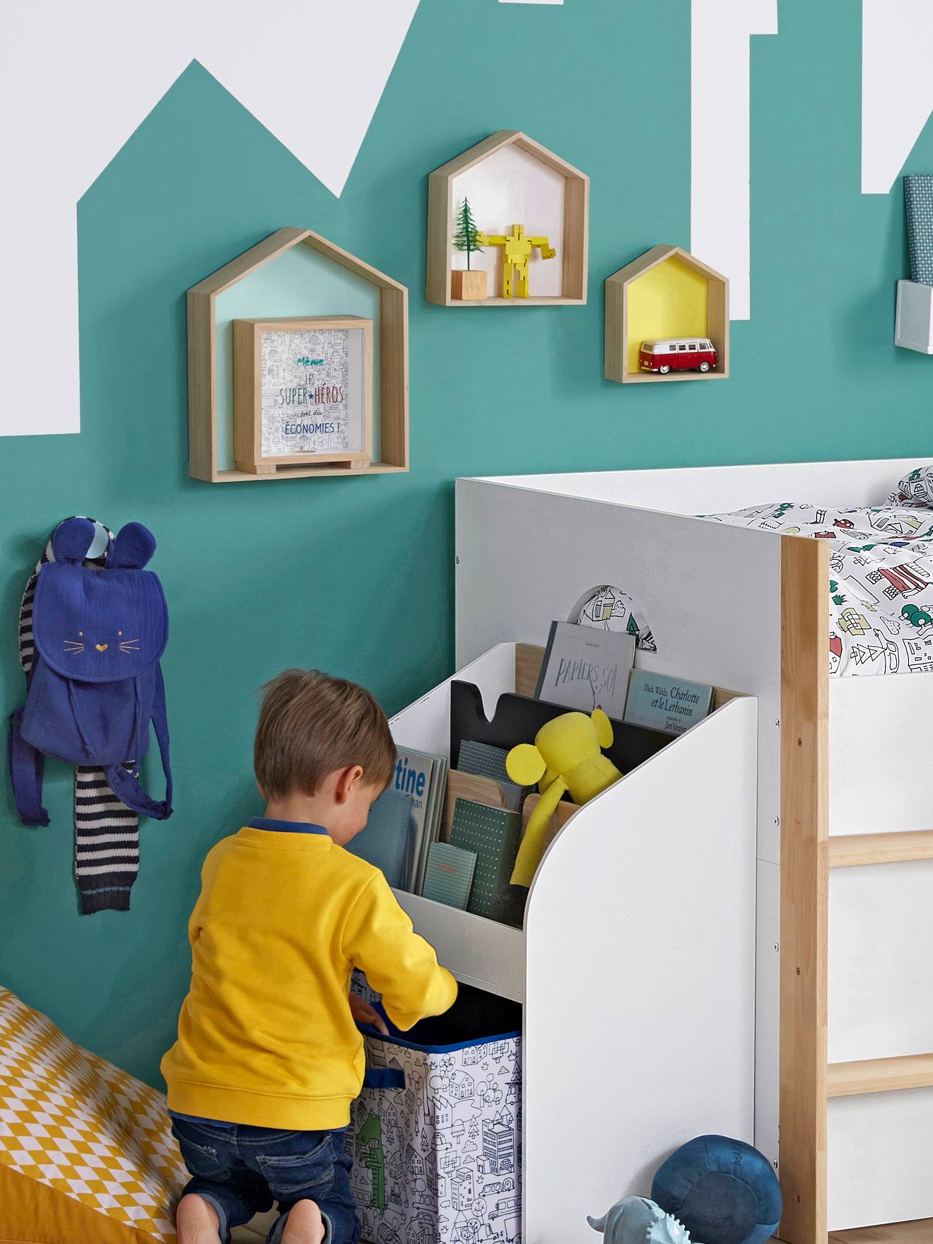 Vertbaudet Kinderzimmer 3er-Set Wandregale in Hausform, Setzkasten - türkis+weiß+gelb