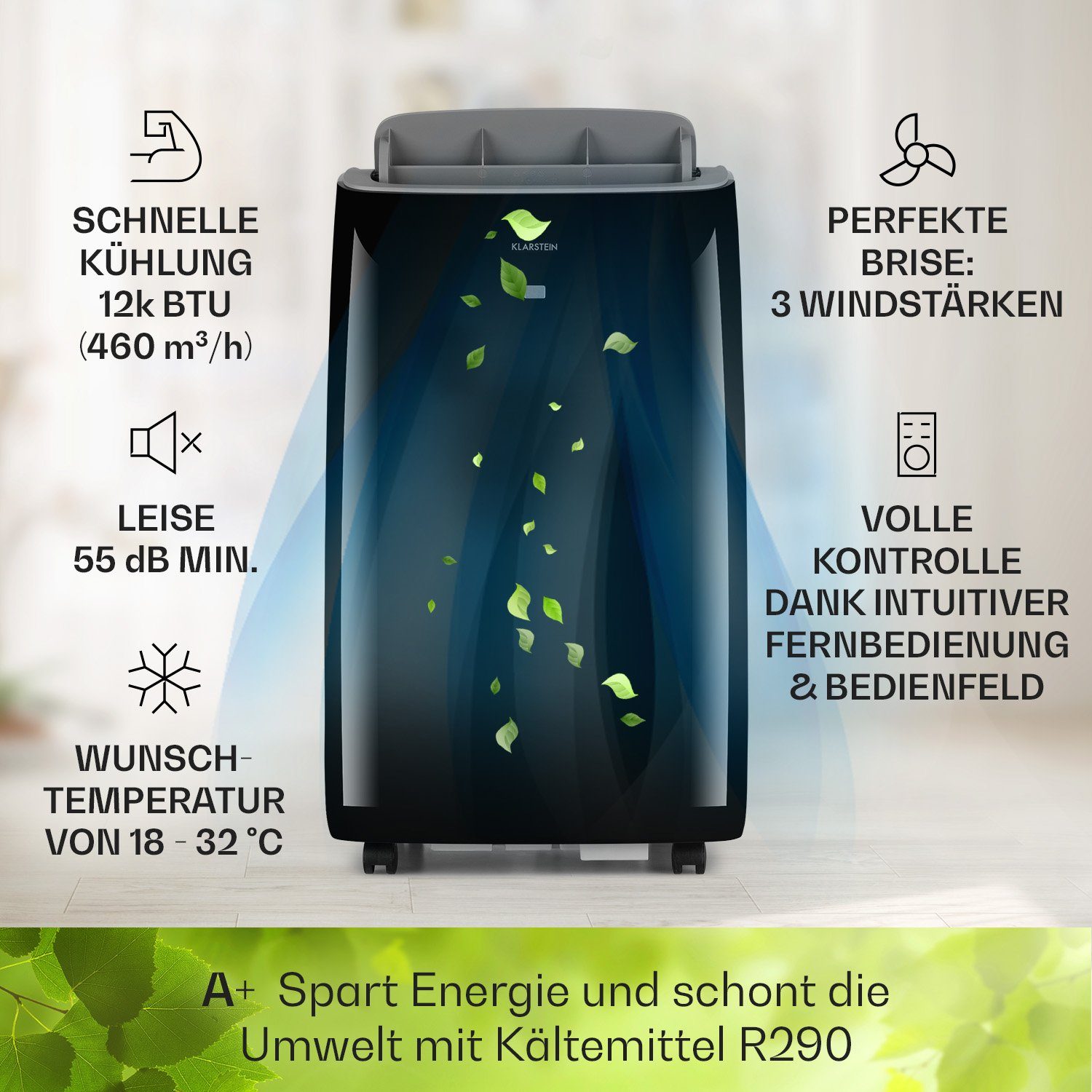 Klarstein Klimagerät Grandbreeze Eco 12K, Klimagerät mobil Air Conditioner Kühlgerät Luftkühler