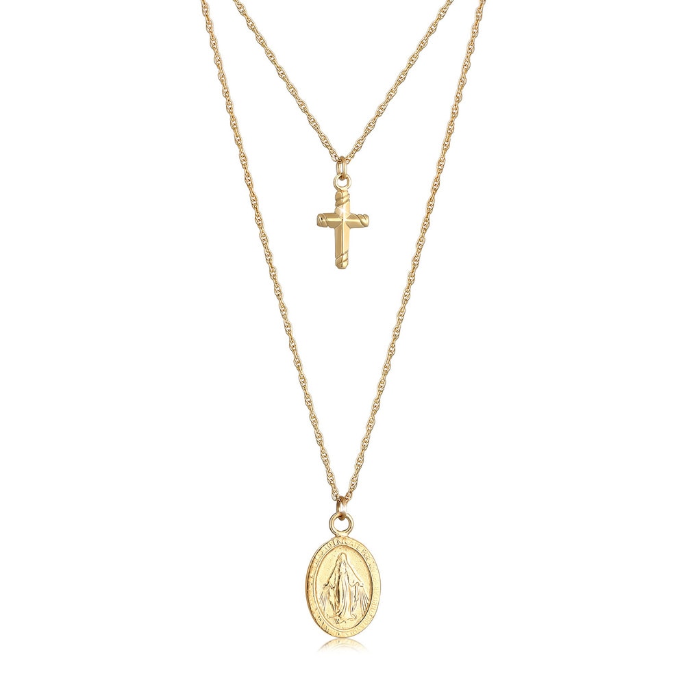 Elli Elli Collier Croix et Image de la Vierge Maire Double Rangée Collier Femme - (925 collier