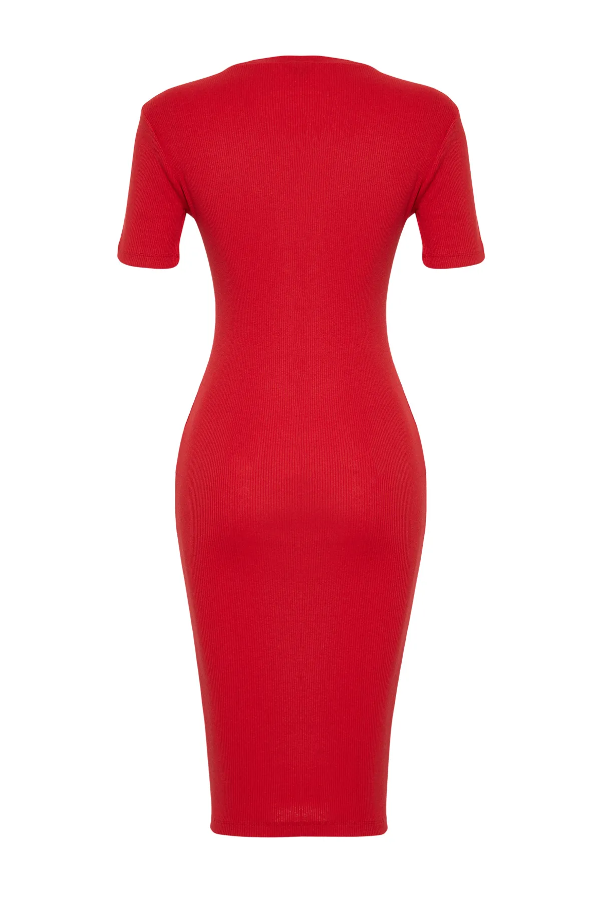 Trendyol Collection  Rotes, geripptes, dehnbares Strick-Midi-Bleistiftkleid mit Rundhalsausschnitt TWOSS24EL00486