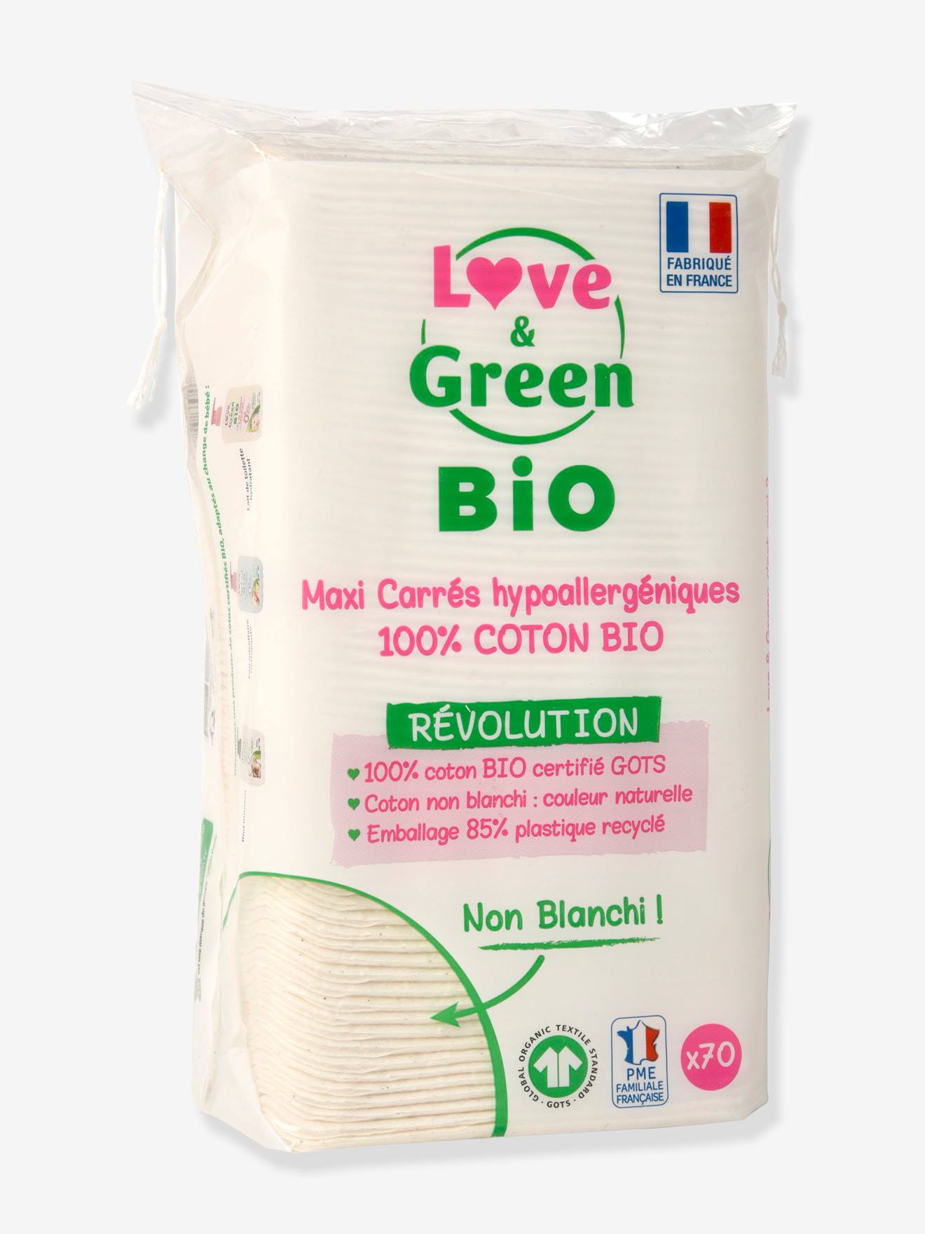 Lot de 70 Maxi carrés hypo-allergéniques LOVE & GREEN pour le visage et le corps blanc
